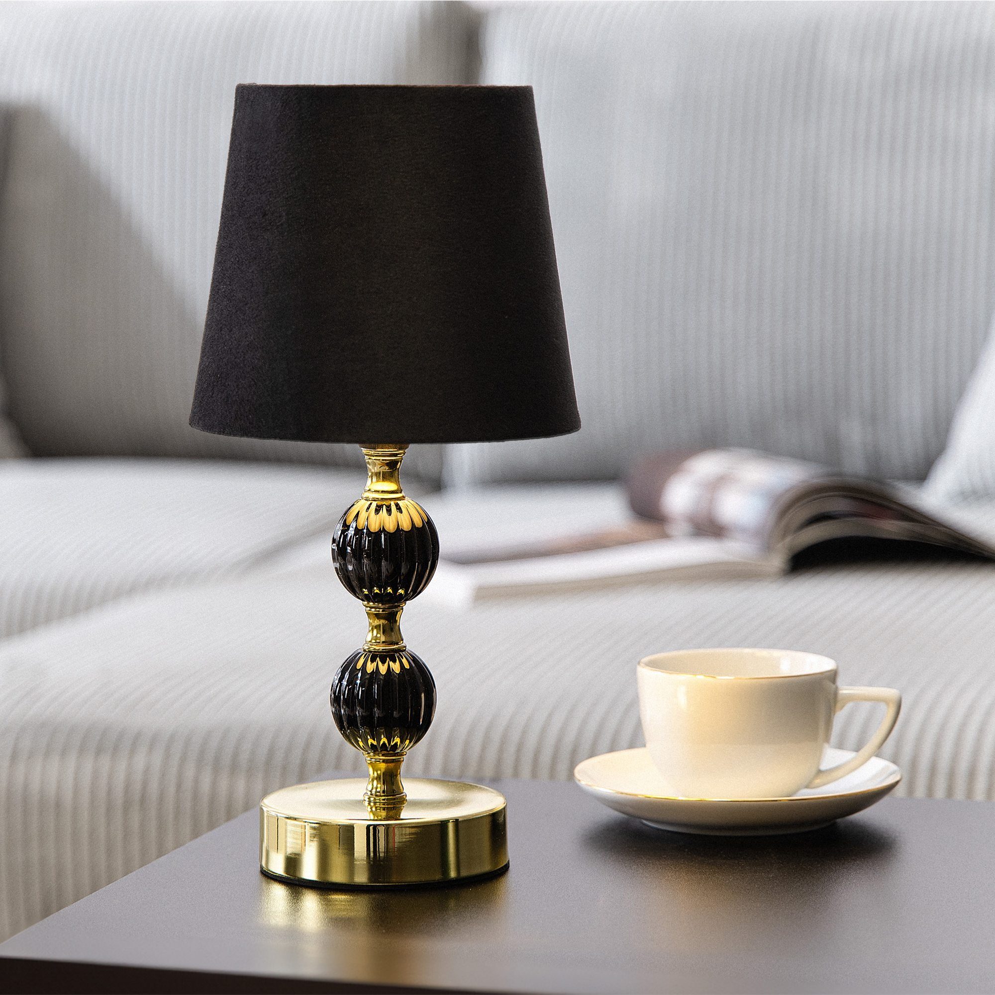 Tischleuchte schwarz/gold Lampe, einem ohne mit Glasfuß elegante Tischlampe, Konsimo Leuchtmittel, VULGA
