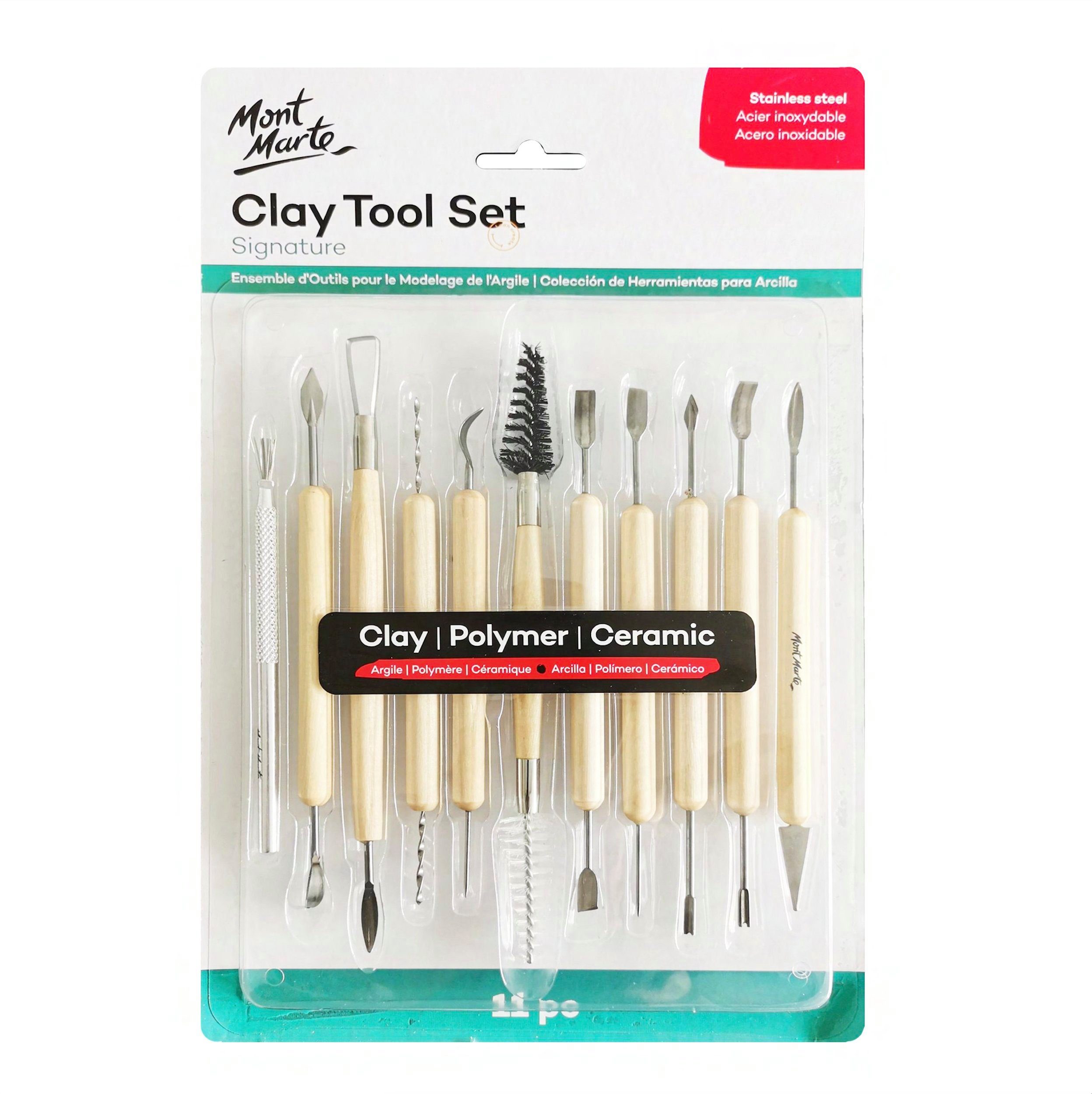 Mont Marte Modellierwerkzeug Set mit 11 x Modellier-Werkzeug für Ton, zum Schnitzen, Glätten & mehr, (Set, 11 St., MONT MARTE - Kunstutensilien), 11-teilig, Holzgriffe mit langlebiger Stahlspitze