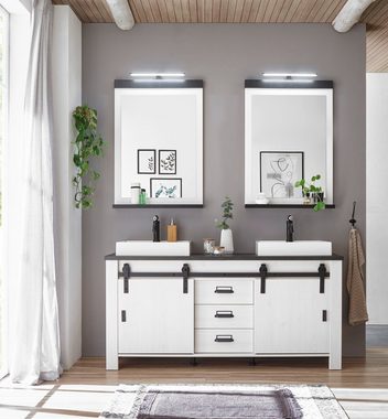 Furn.Design Badezimmer-Set Stove, (Komplett-Set, in Pinie weiß Landhaus), mit Soft-Close, inklusive Beleuchtung und Waschbecken