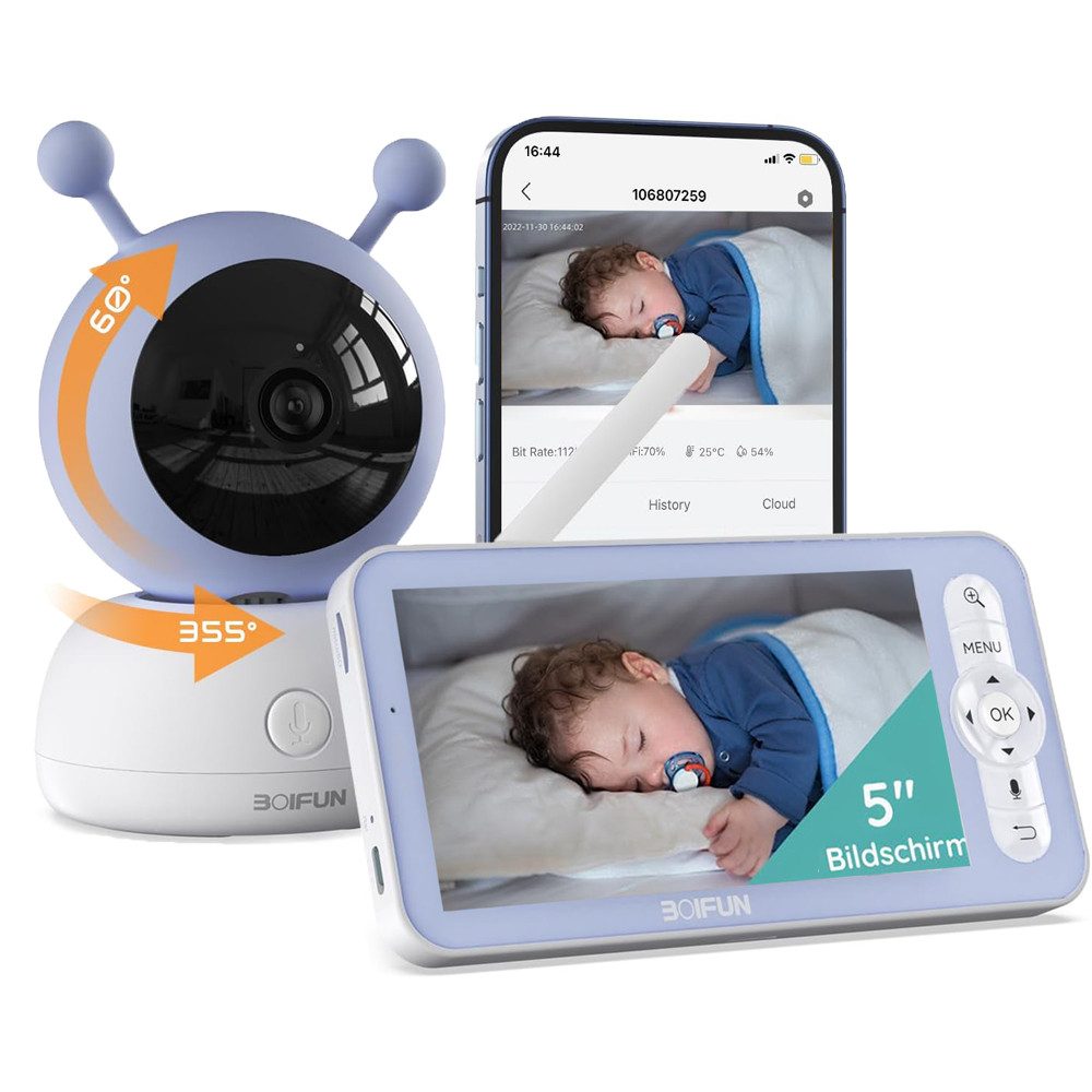 Boifun Babyphone Babyphone mit Kamera App 1080P 5" Video Babyphone HD-Nachtsicht, PTZ 355°/90° 4X-Zoom,Bewegungs und Geräuscherkennung, 1-tlg., Temperatur und Luftfeuchtigkeitsüberwachung, Wiegenlied, Intelligente Rundum-Erkennung,Automatische Verfolgung,VOX-Funktion