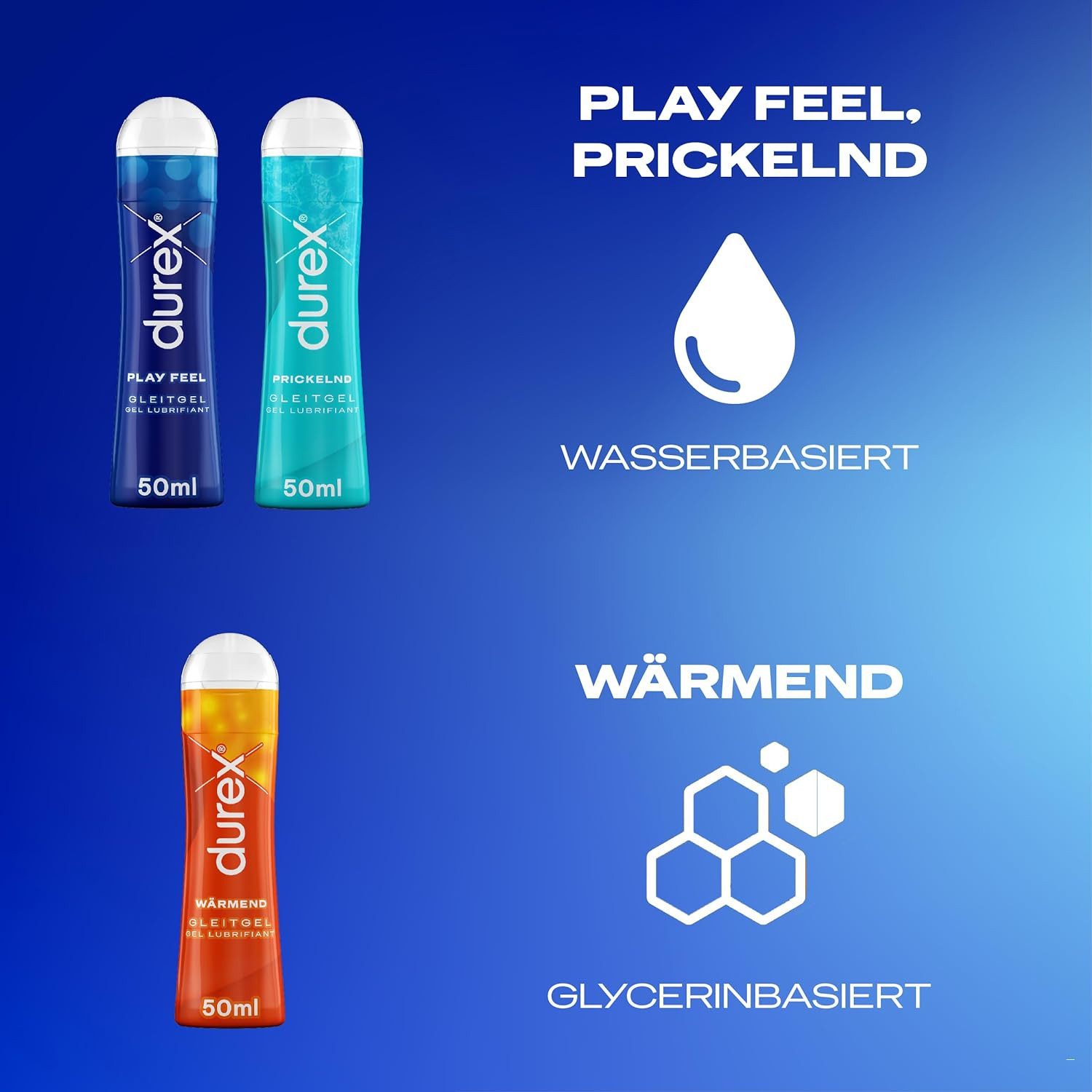 durex Gleitgel Play - Feel & Wärmend & Prickelnd (3 x 50ml), Ausprobierpaket für Sie und Ihn, 3-tlg.