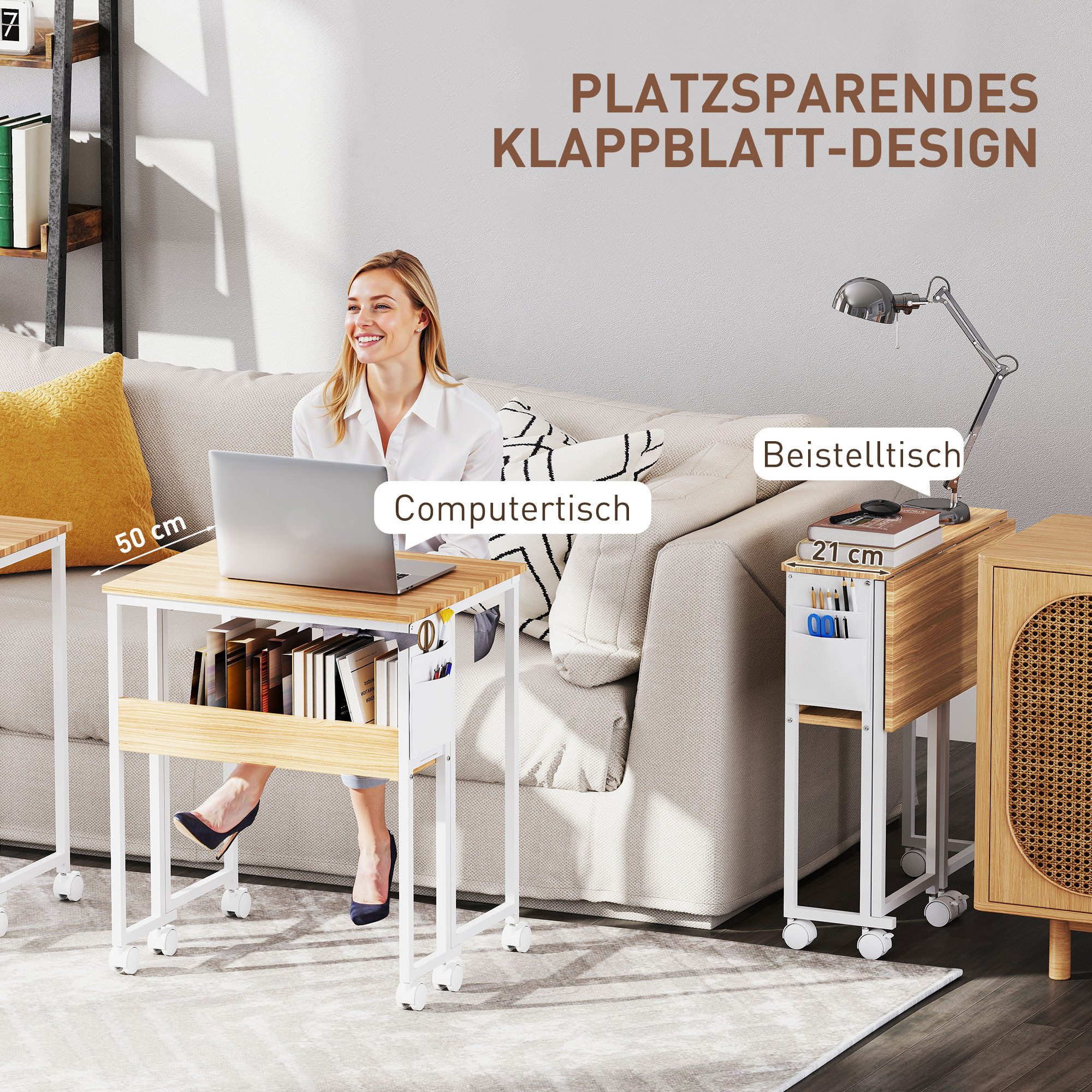 HOMCOM Schreibtisch Klappbar Kleiner 63 cm mit Rollen (Klappschreibtisch, 1-St., Platzsparend Computertisch), mit Regal, Aufbewahrungstasche, für Home Office, N – Bild 4 von 5