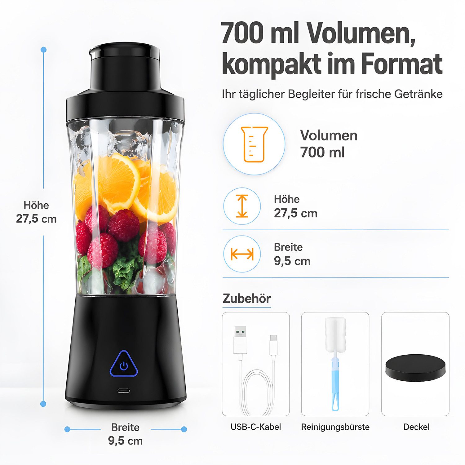 AIMAX Akku-Smoothie-Maker Tragbarer Mixer 700ml Mini Standmixer to Go - 6 Klingen Smoothie Maker, USB Shaker Bottle für Saft, für Küche, Reise, Büro, Fitness, Camper