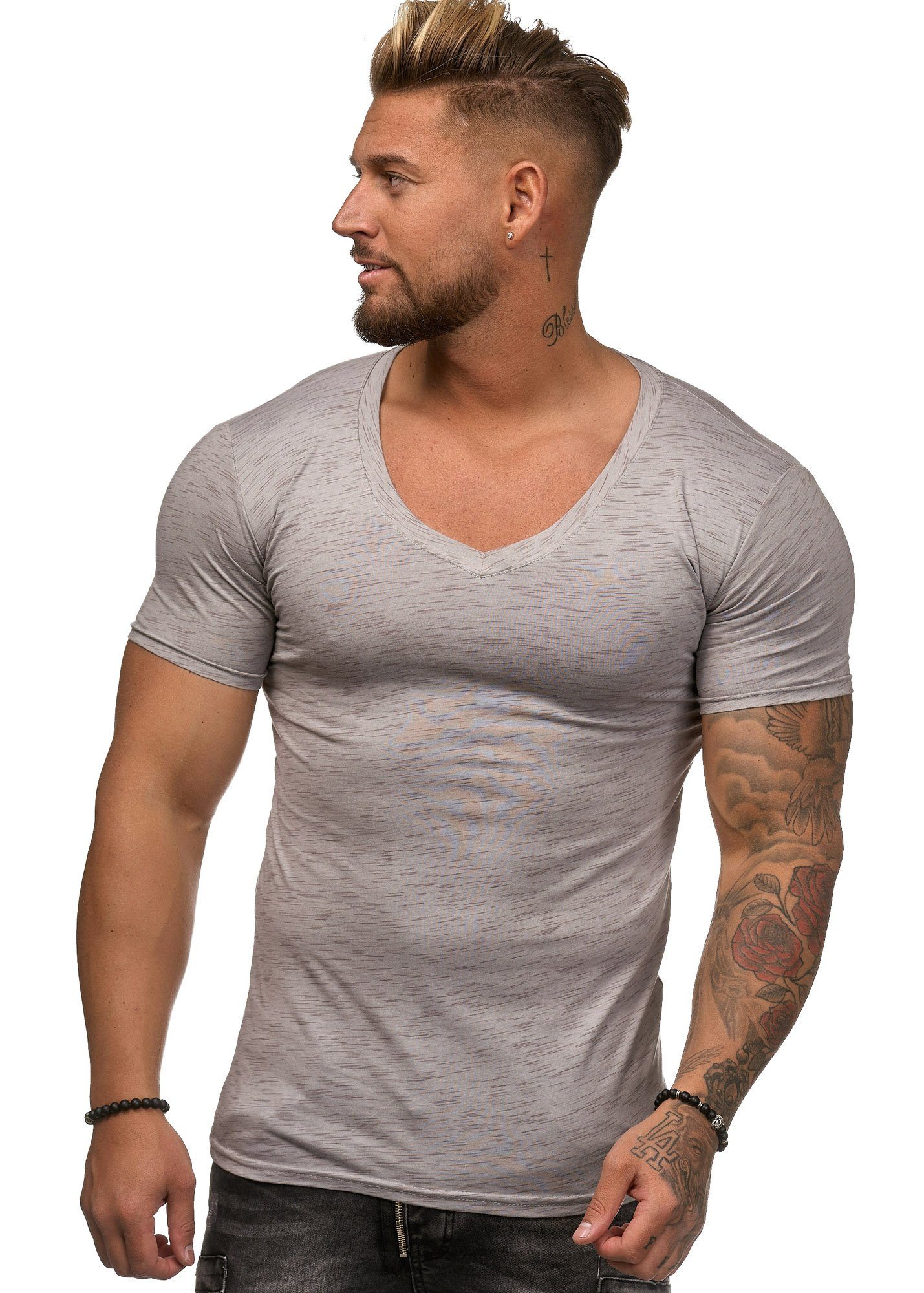 Tee, Polo (Shirt Casual Fitness OneRedox Kurzarmshirt T-Shirt Grau BS-500C Freizeit 1-tlg)