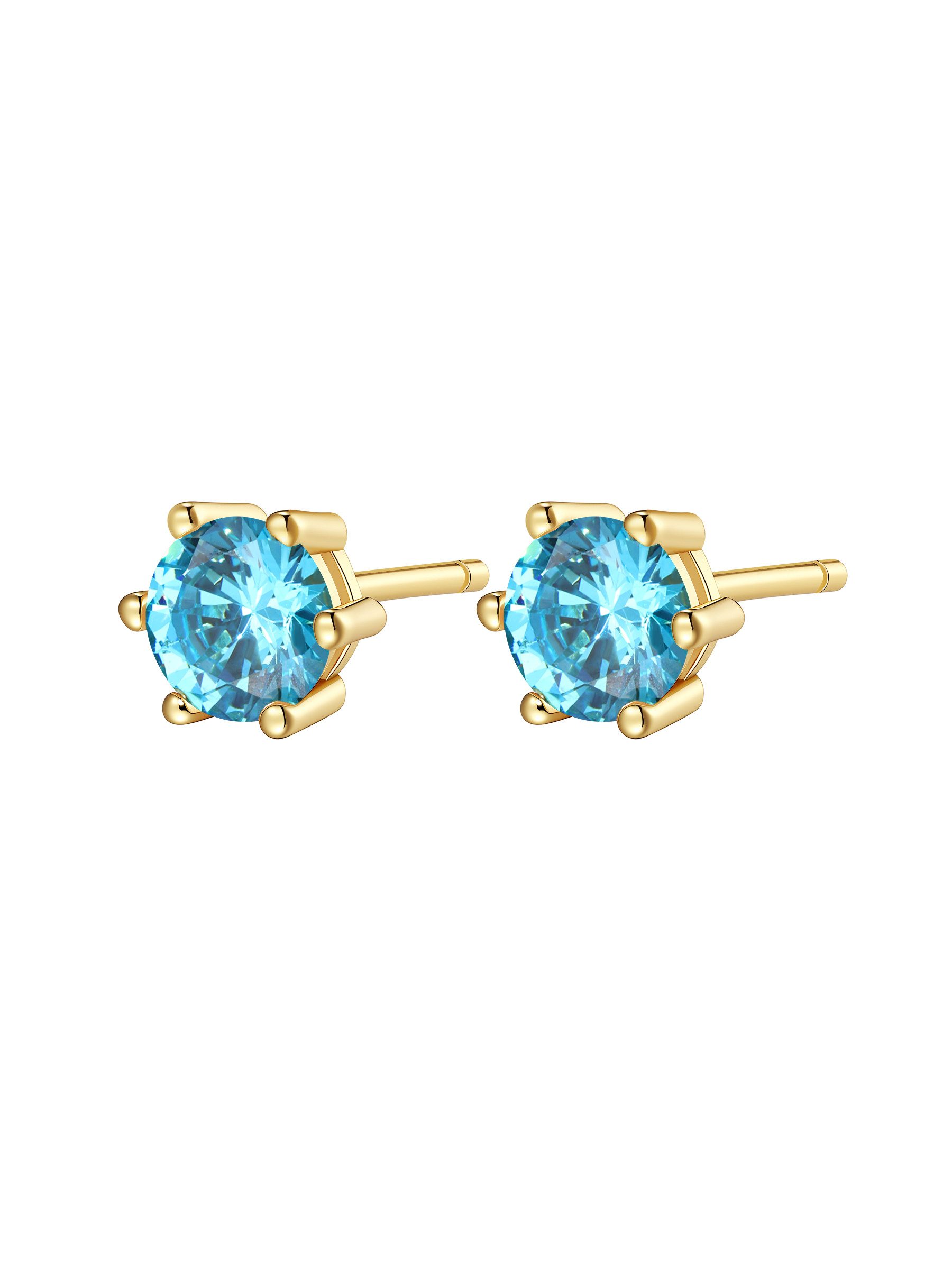 Hey Happiness Paar Ohrstecker Damen 925 Silber – 18K vergoldete Solitär Ohrringe mit blauem Zirkonia, runde blaue Ohrringe für Curated Ear, Geschenk für Frauen