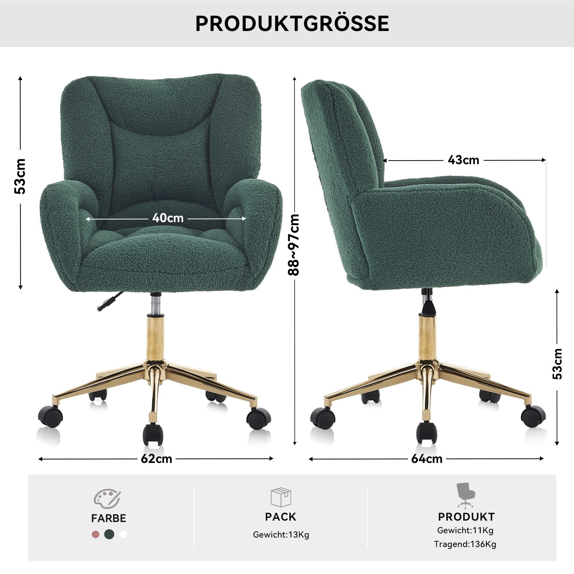 DEKKETO Polsterstuhl Bürostuhl, Schreibtischstuhl, Schminkstuhl & Drehstuhl aus Teddy Stoff (1 St), mit leisen Rollen, höhenverstellbar, ergonomische Lehne