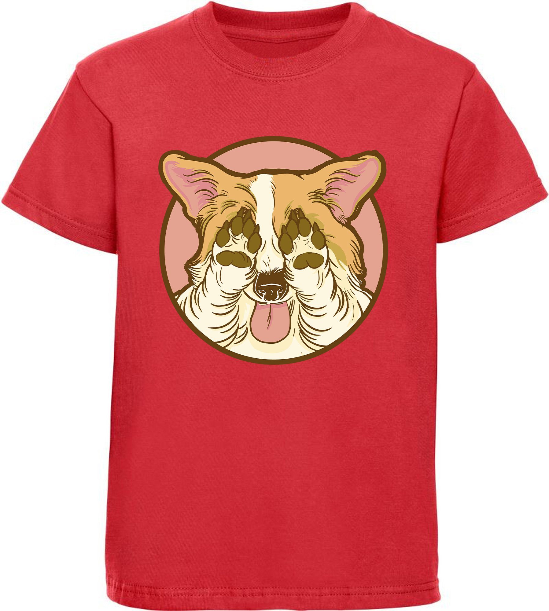 MyDesign24 Print-Shirt bedrucktes Kinder Hunde T-Shirt - Corgi der seine Augen zu hält Baumwollshirt mit Aufdruck, i226 rot