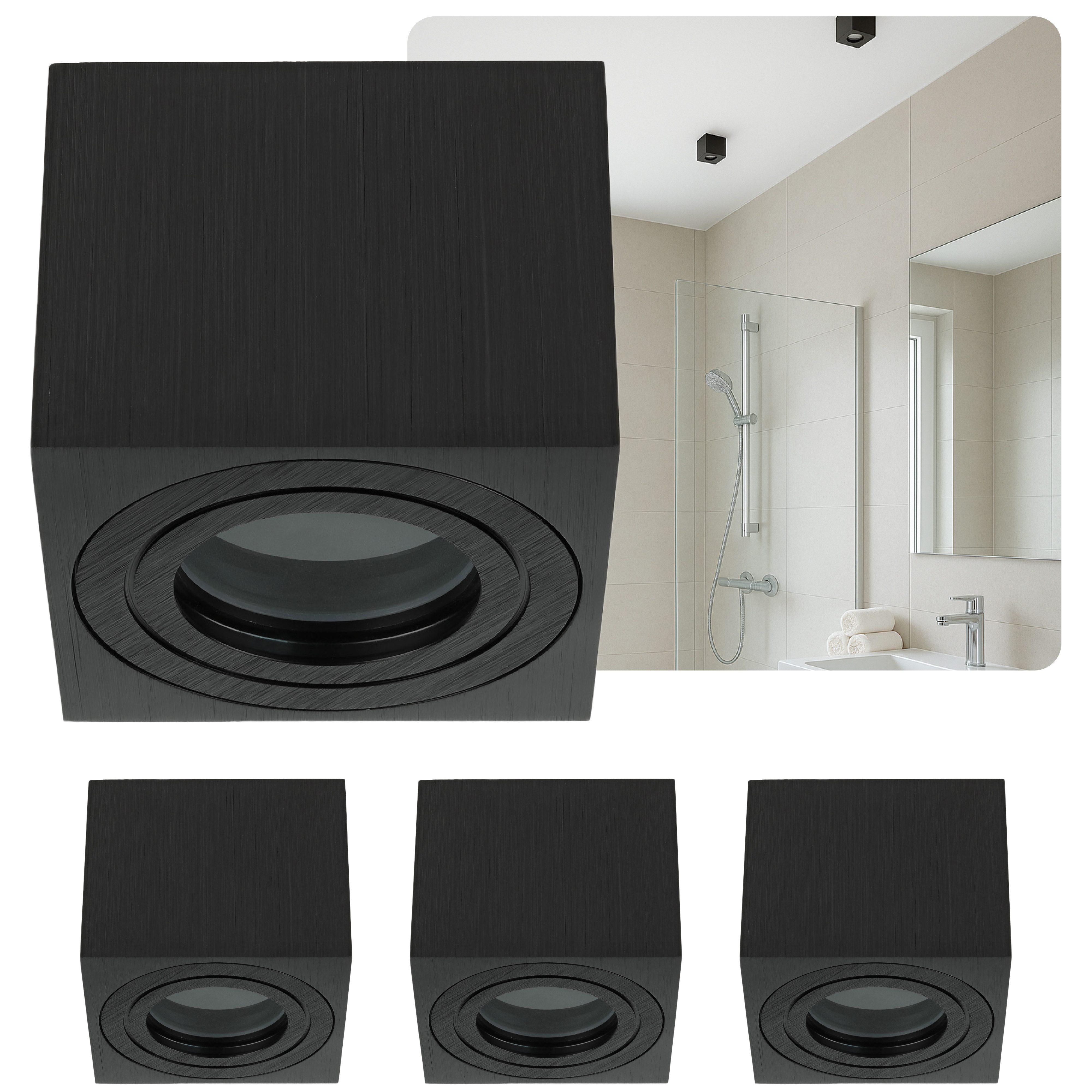 Sweet LED Aufbauleuchte 4er Set flach IP44 Aluminium Deckenspots für Bad & Küche schwarz, Накладной прожектор LED, Aufbauspot, Deckenstrahler