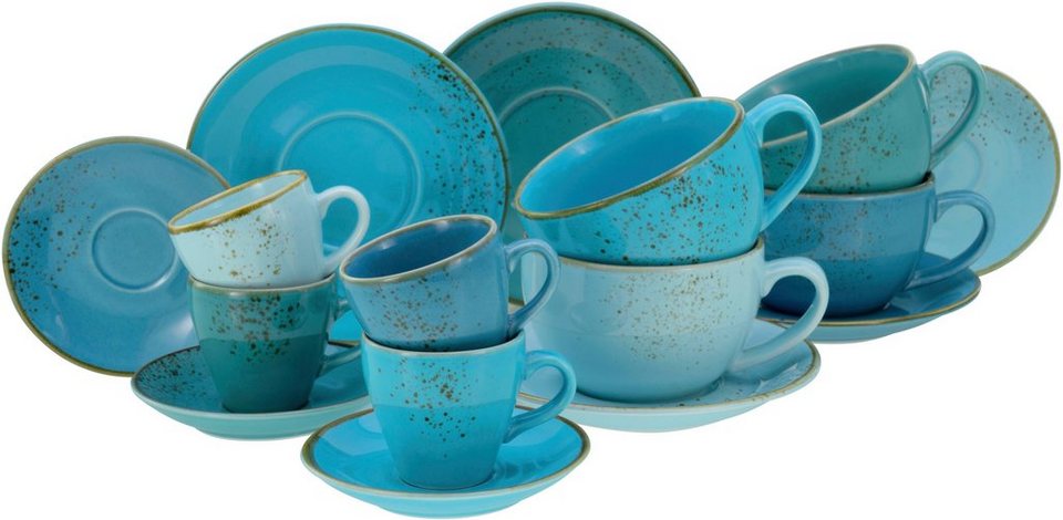 CreaTable Tasse Tassen Set NATURE COLLECTION Aqua, Steinzeug, Bistrotassen,  4 Cappuccinotassen, 4 Espressotassen, je mit Untertassen, Naturfarben  kombiniert mit Reaktivglasur am Rand und Sprenkeln