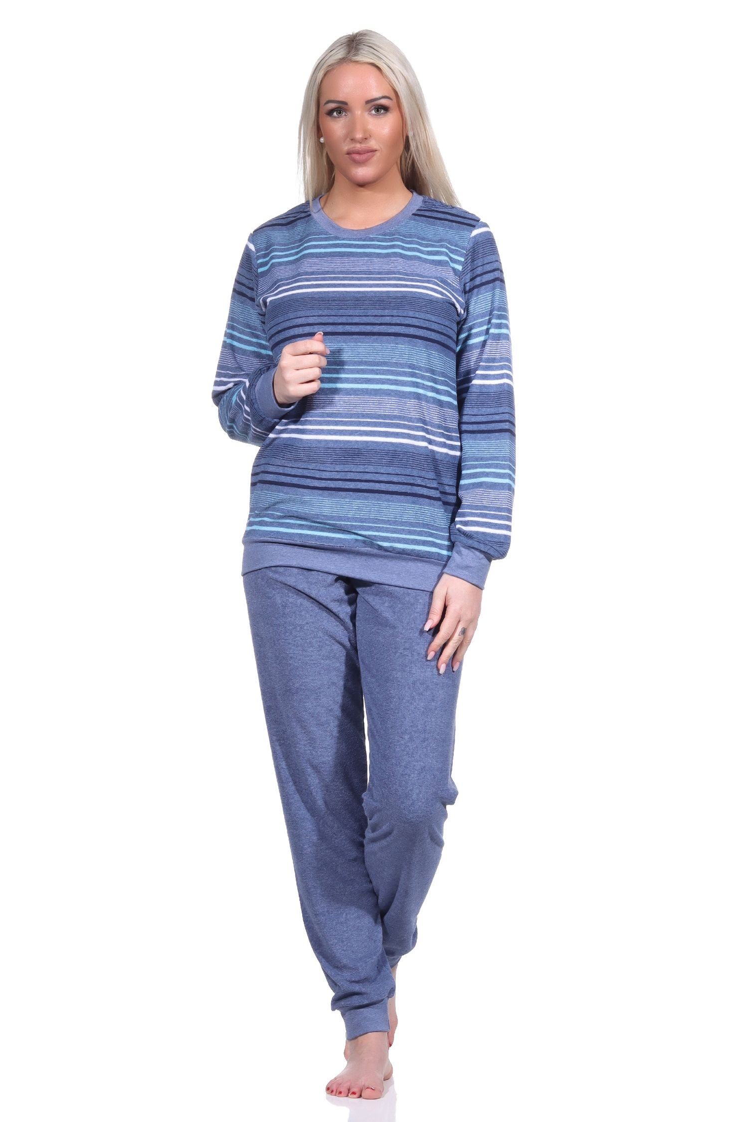 Normann Pyjama Damen Frottee Schlafanzug mit Bündchen in elegantem Streifendesign blau-melange | Pyjamas