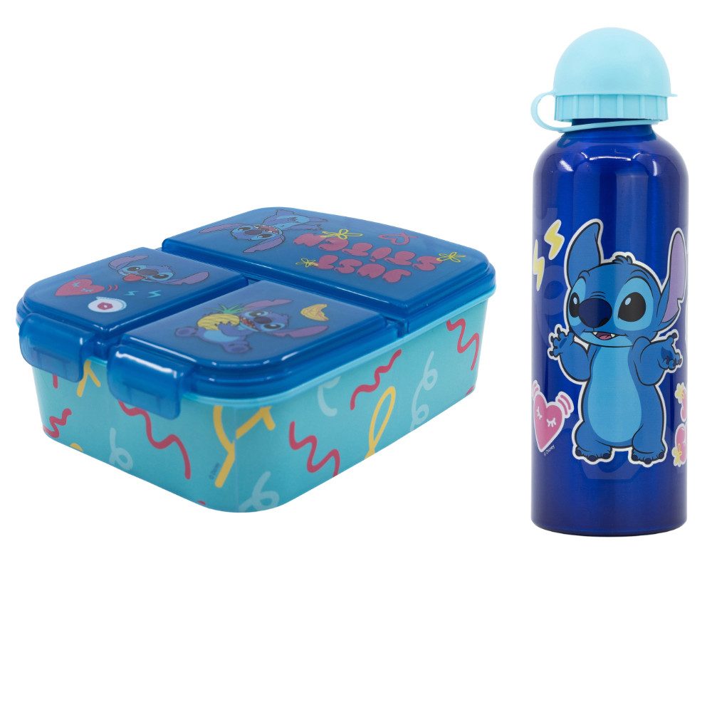 Stor Lunchbox Disney Stitch 2 tlg. Lunch Set Brotdose mit 3 Kammern, Kunststoff Alu, (2-tlg), Alu-Trinkflasche 530 ml