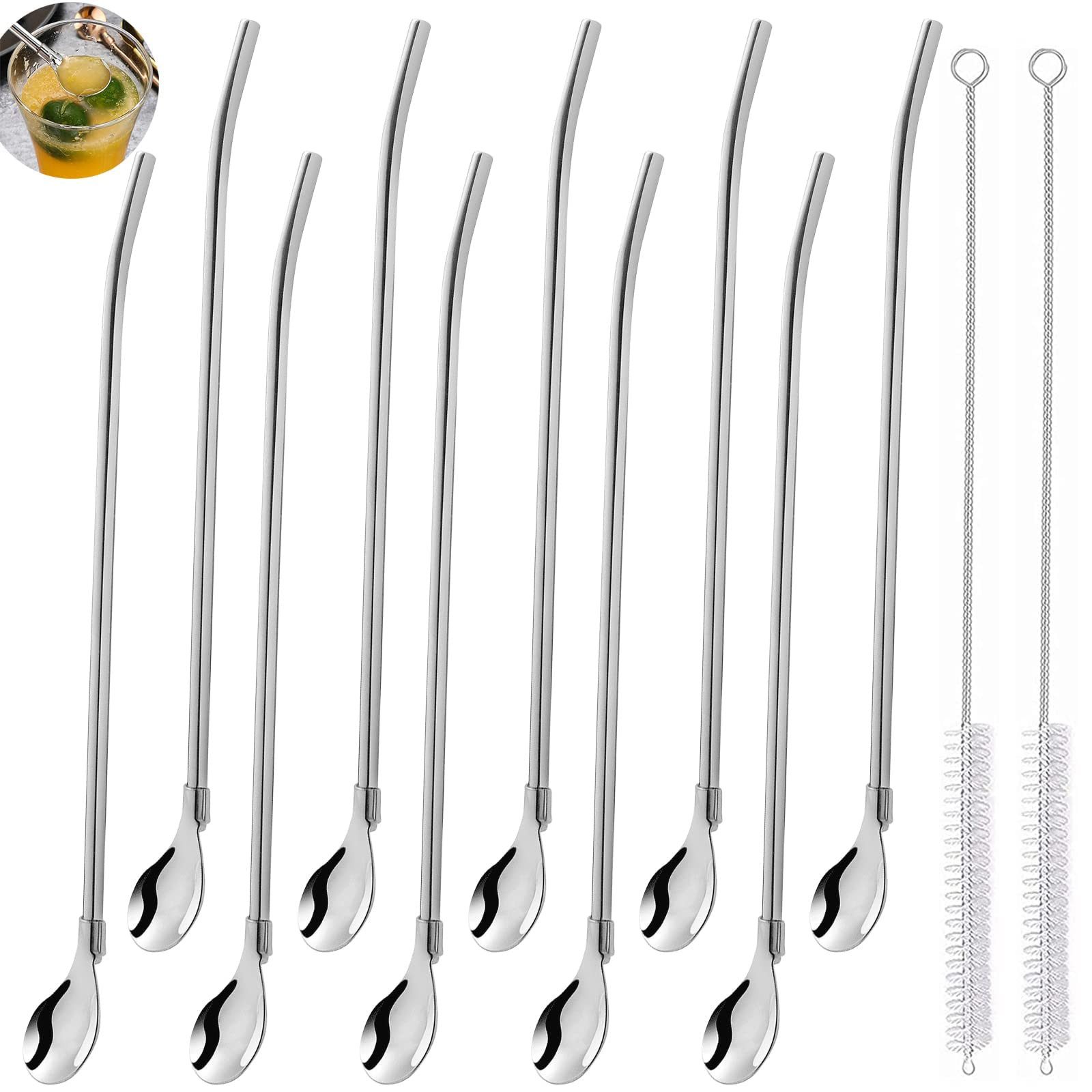 FOUORTUNATE-BEE Trinkhalme 10 Stück Edelstahl Trinkhalme Trinkhalmlöffel Löffelstrohhalme, (Wiederverwendbare Löffelhalme mit 2 Stück Strohhalm Reinigungsbürste, für Smoothies, Milchshakes, Cocktail, Kaffee)