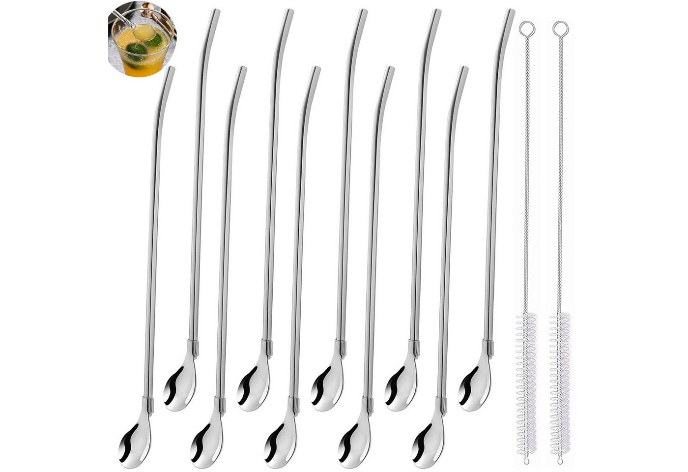 FOUORTUNATE-BEE Trinkhalme 10 Stück Edelstahl Trinkhalme Trinkhalmlöffel Löffelstrohhalme, (Wiederverwendbare Löffelhalme mit 2 Stück Strohhalm Reinigungsbürste, für Smoothies, Milchshakes, Cocktail, Kaffee)