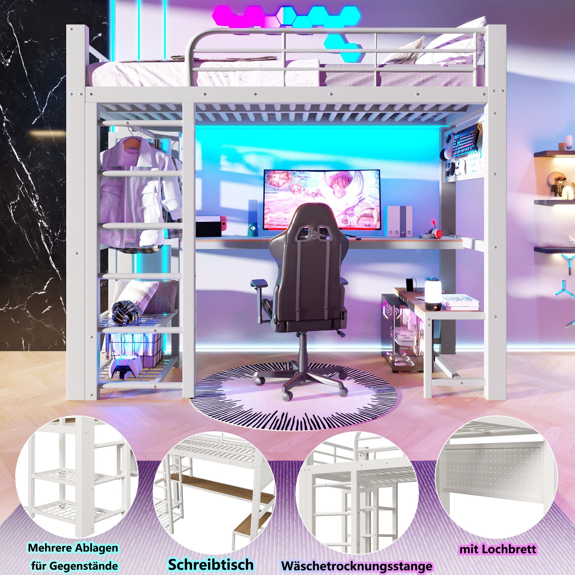 Flieks Hochbett Metallbett 90x200cm mit LED-Lichtleiste Schreibtisch Kleiderstange – Bild 4 von 5