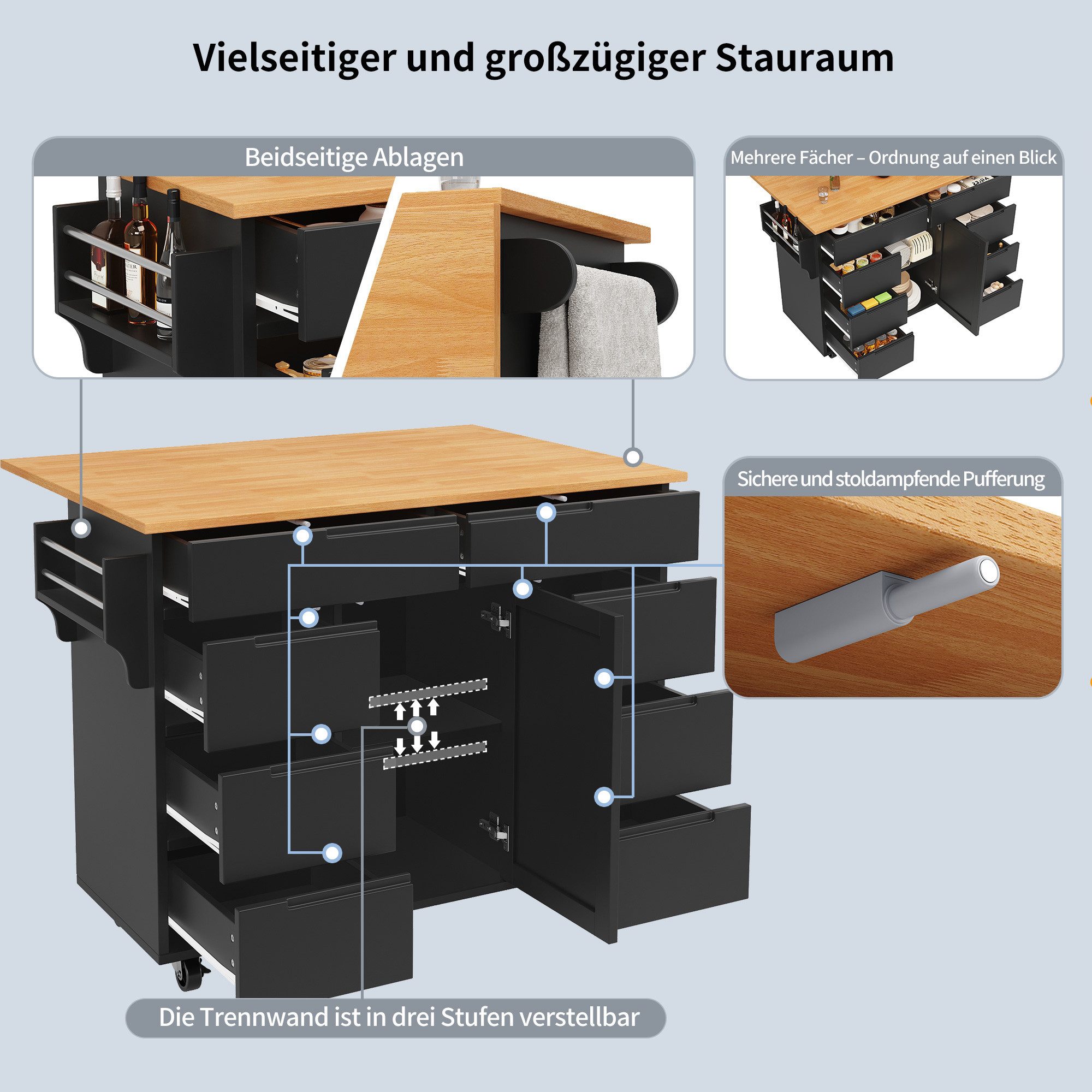 i@home Kücheninsel Moderne Kücheninsel mit Ausziehbarer Tischplatte, (mobile Küchenwagen mit 8 Schubladen, Rollen und Gewürzregal), 122x46x91.5 cm, ideal für Kü – Bild 4 von 5