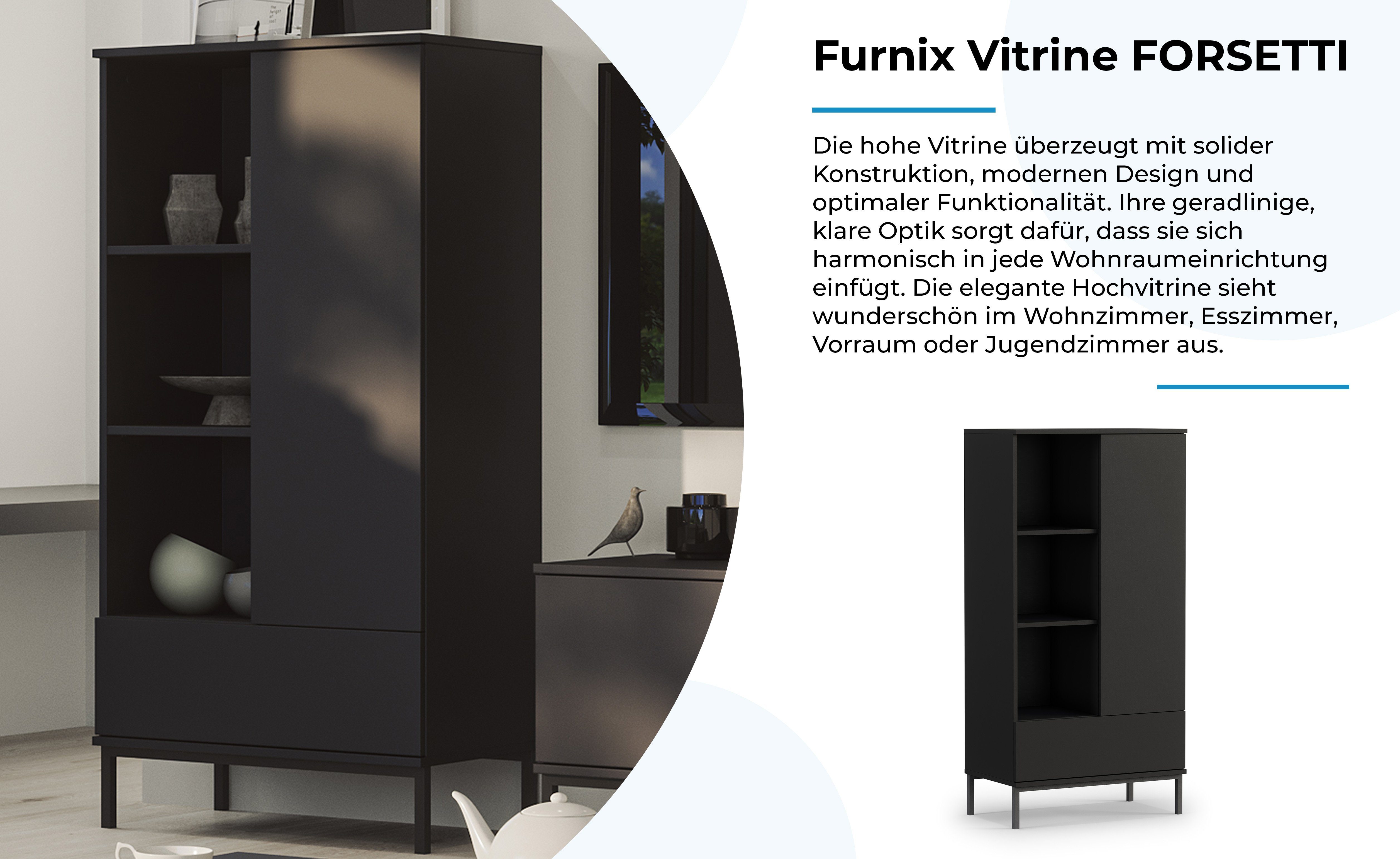 Furnix Vitrine FORSETTI R70 Highboard elegant B70 in finden Schwarz Fächer, Serie H140 der cm 6 unserem Artikel Sie Schublade, x T41 x Sortiment) (Weitere matt