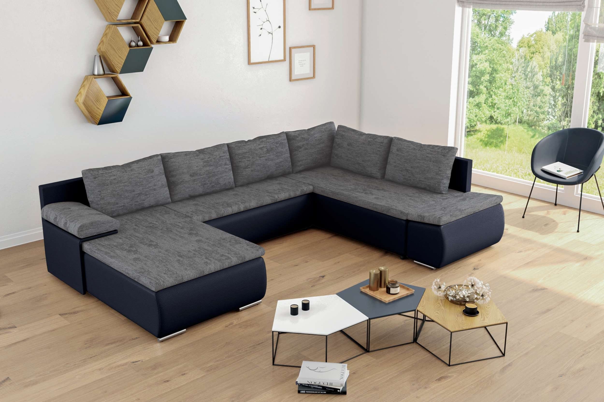 Stylefy Wohnlandschaft Nessi, Sofa, mit Bettkasten, mit stellbar, mane Design, U-Form, Raum links frei bestellbar, im Modern und Bettfunktion Wellenfederung rechts oder