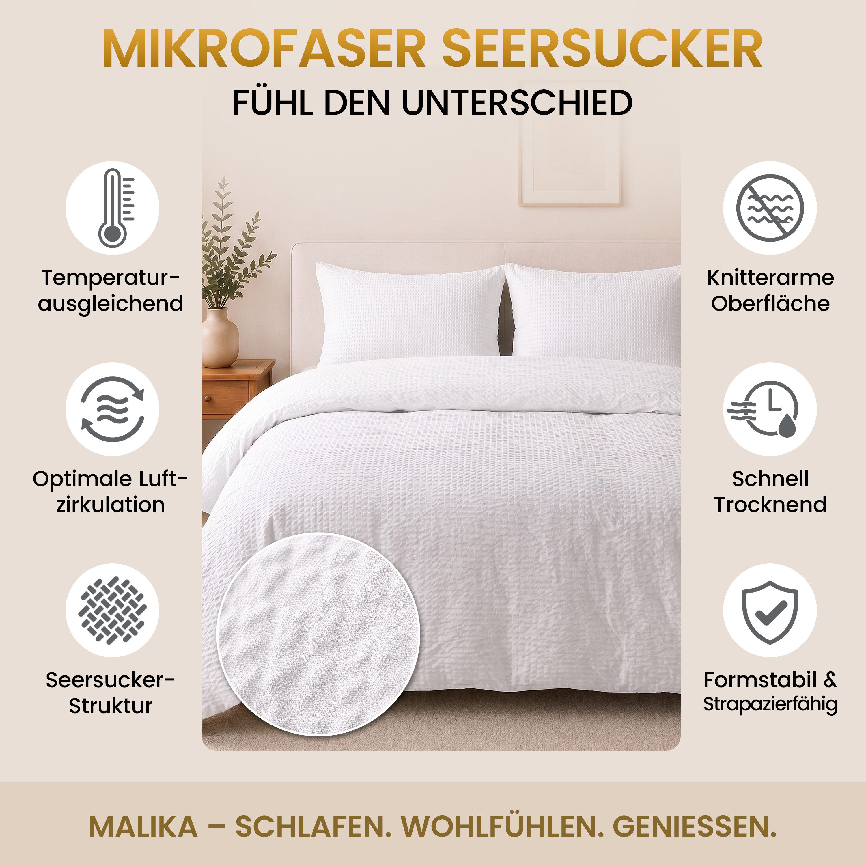 Malika Bettwäsche aus 100 % Mikrofaser, 155x220 + 80x80 cm, Seersucker, Weiß, Seersucker, 2 teilig, Für Allergiker geeignet, pflegeleicht, angenehm weicher Stoff