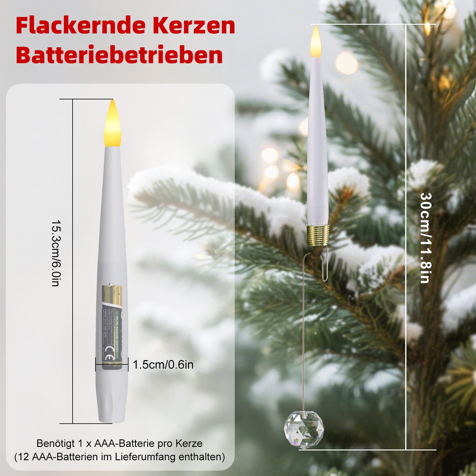 OZAVO LED-Kerze LED Weinachtsbaum Kerzen mit Kristallkugel Haken,12 pcs (Flammenlose Tafelkerzen mit Timerfunktion,Fernbedienung, LED Weihnachtsbaum kerzen mit  – Bild 3 von 5