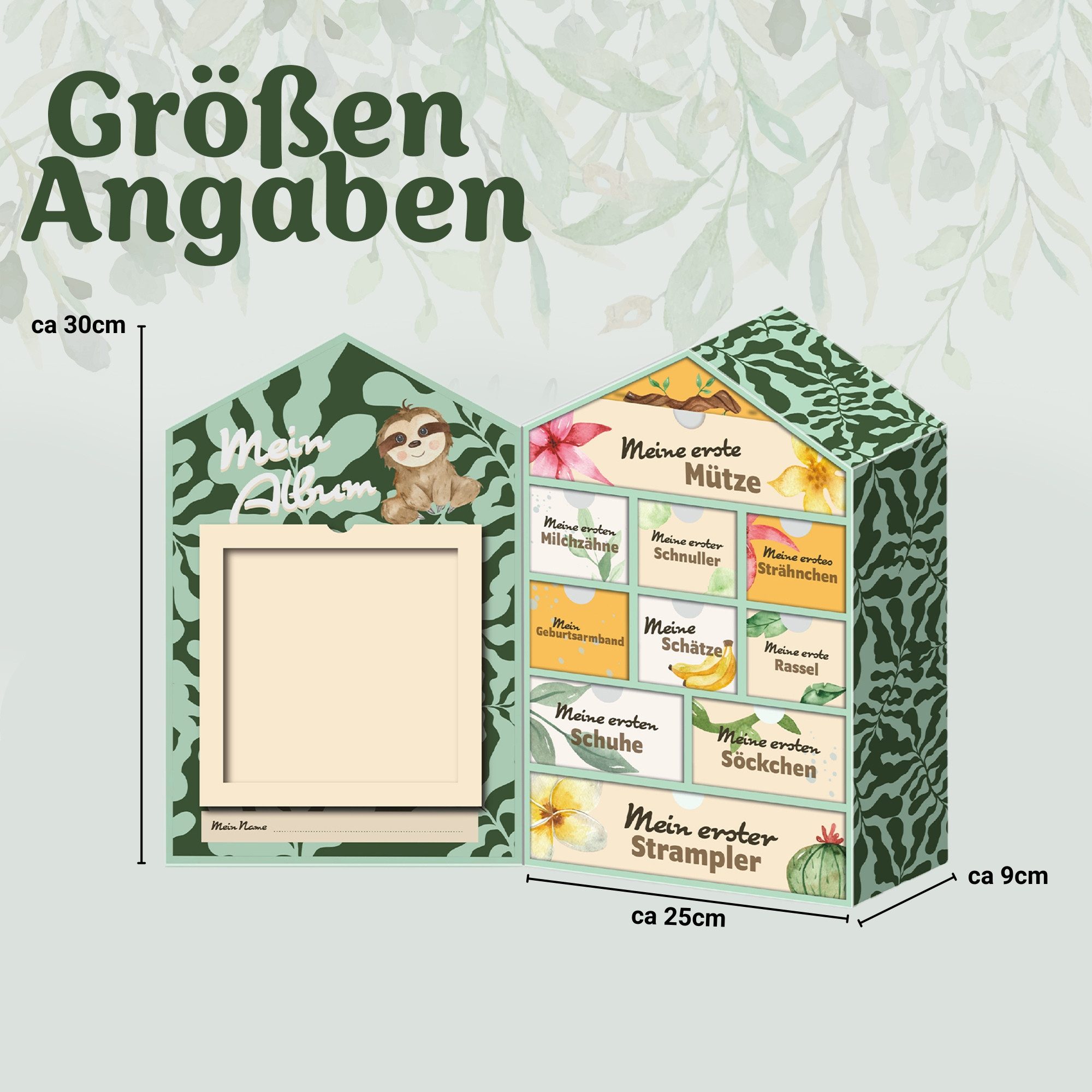 hausleben Aufbewahrungsbox Baby-Erinnerungsbox 3-in-1-Set (Mehrteiliges Set, 3 St., 3-teiliges Set mit Erinnerungsbox, Aufbewahrungsbuch & Köfferchen), 3-in-1 Baby-Erinnerungsbox mit 10 Schubladen & Fotorahmen