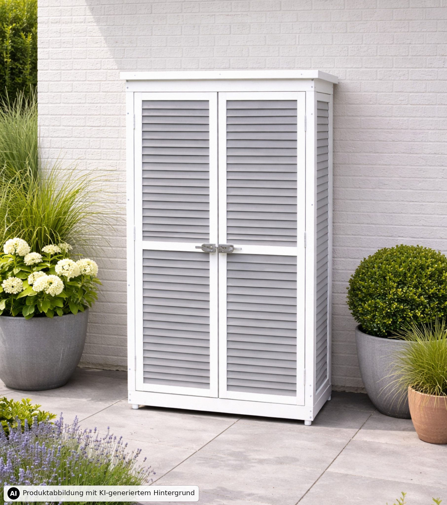 Leco Garten-Geräteschrank Gartenschrank MOMO H 160 cm grau-weiß, BxT: 87x47 cm, Holz, Tannenholz lasiert