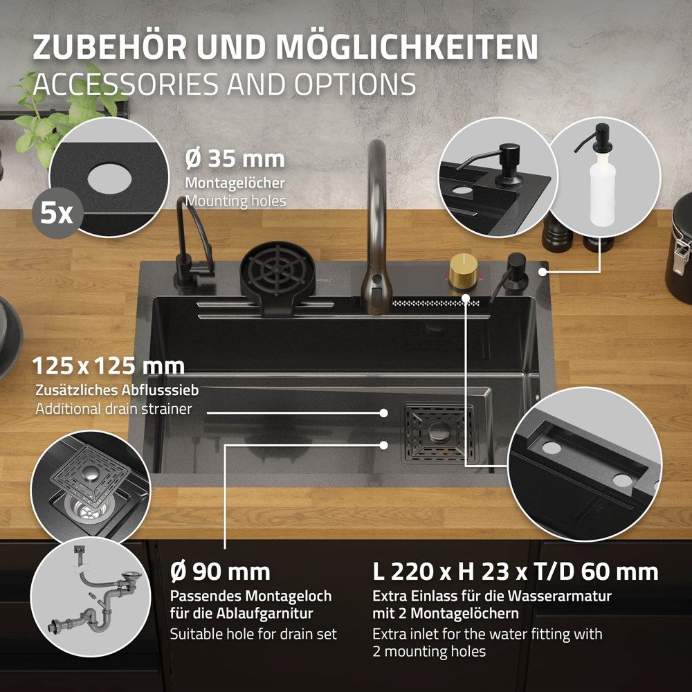 ML-DESIGN Küchenspüle Spülbecken aus Edelstahl Einbauspüle mit Wasserhahn & anderem Zubehör, 68/46 cm, Küchenspüle Multifunktionale Anthrazit rechteckig Waschbe – Bild 4 von 5