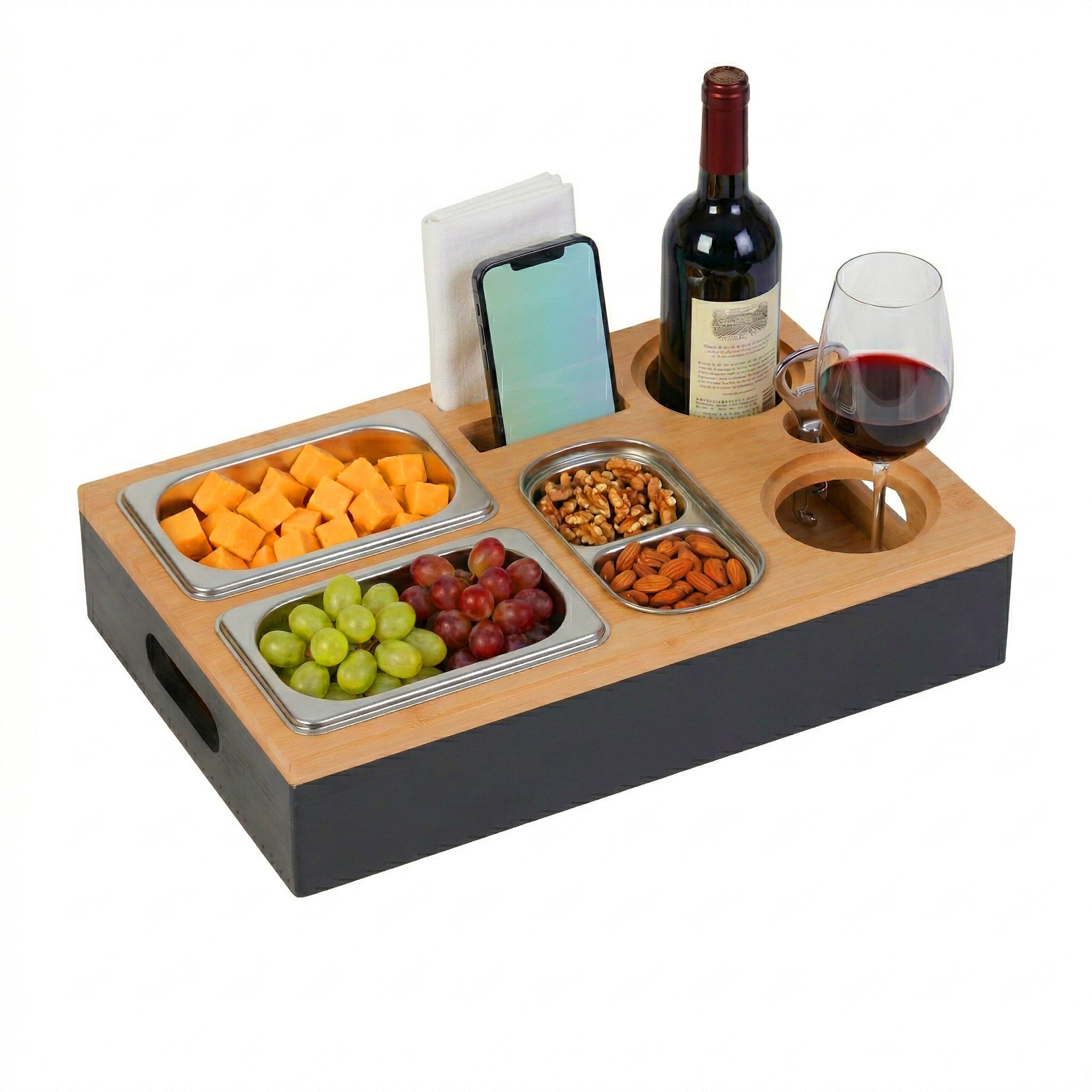 relaxdays Tablett Couchbar mit 3 Edelstahl-Snackschalen, Bambus, schwarz