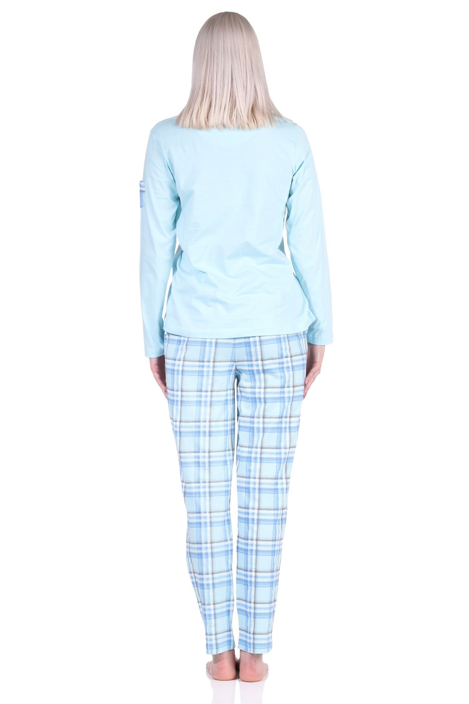 Hose Normann Pyjama Damen helltürkis mit aus langarm Schlafanzug Pyjama Jersey karierter