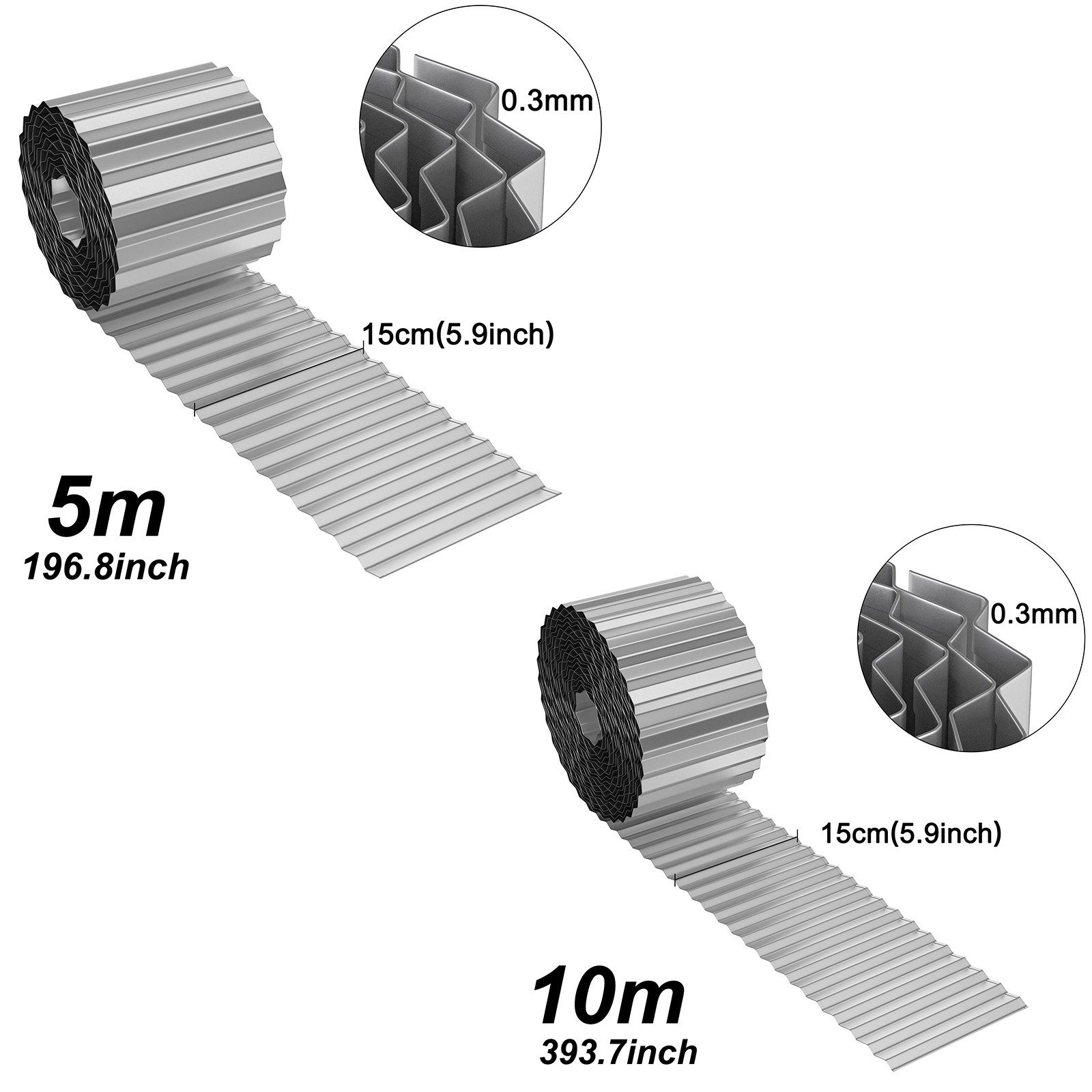 FIVMEN Rasenkante Beetbegrenzung aus Metall Beetumrandung Verzinkt 5m/10m Lang, Farben: Silber/Schwarz/Rost, 15cm/18cm Hoch, Rasenbleche Mähkante Flexible Rasen Umrandung