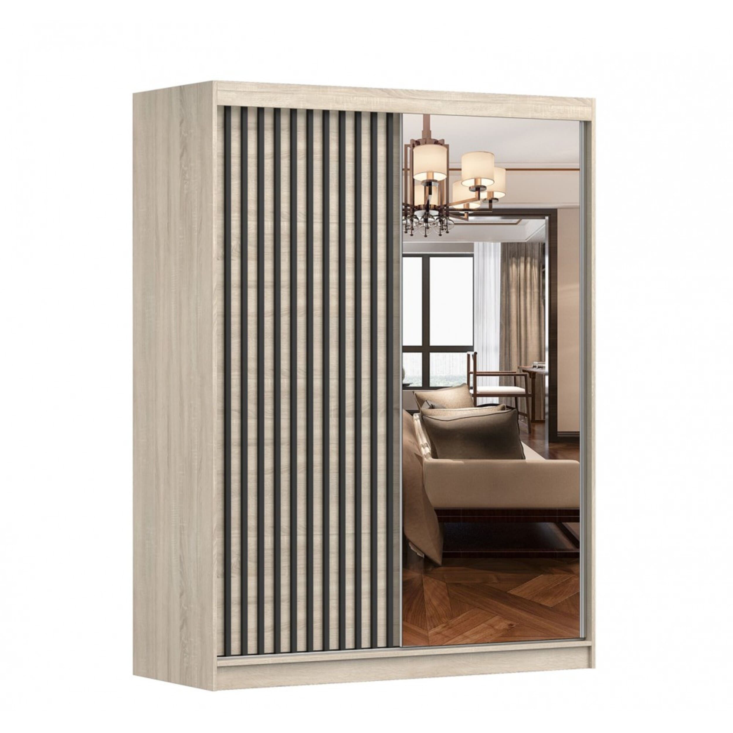 MOEBLO Kleiderschrank LABI (Schiebetür-Kleiderschrank mit Spiegel & Holzdekor, Schwebetürenschrank 2-türig Schrank mit Einlegeböden und Kleiderstange) -(BxHxT): 150x200x61 cm