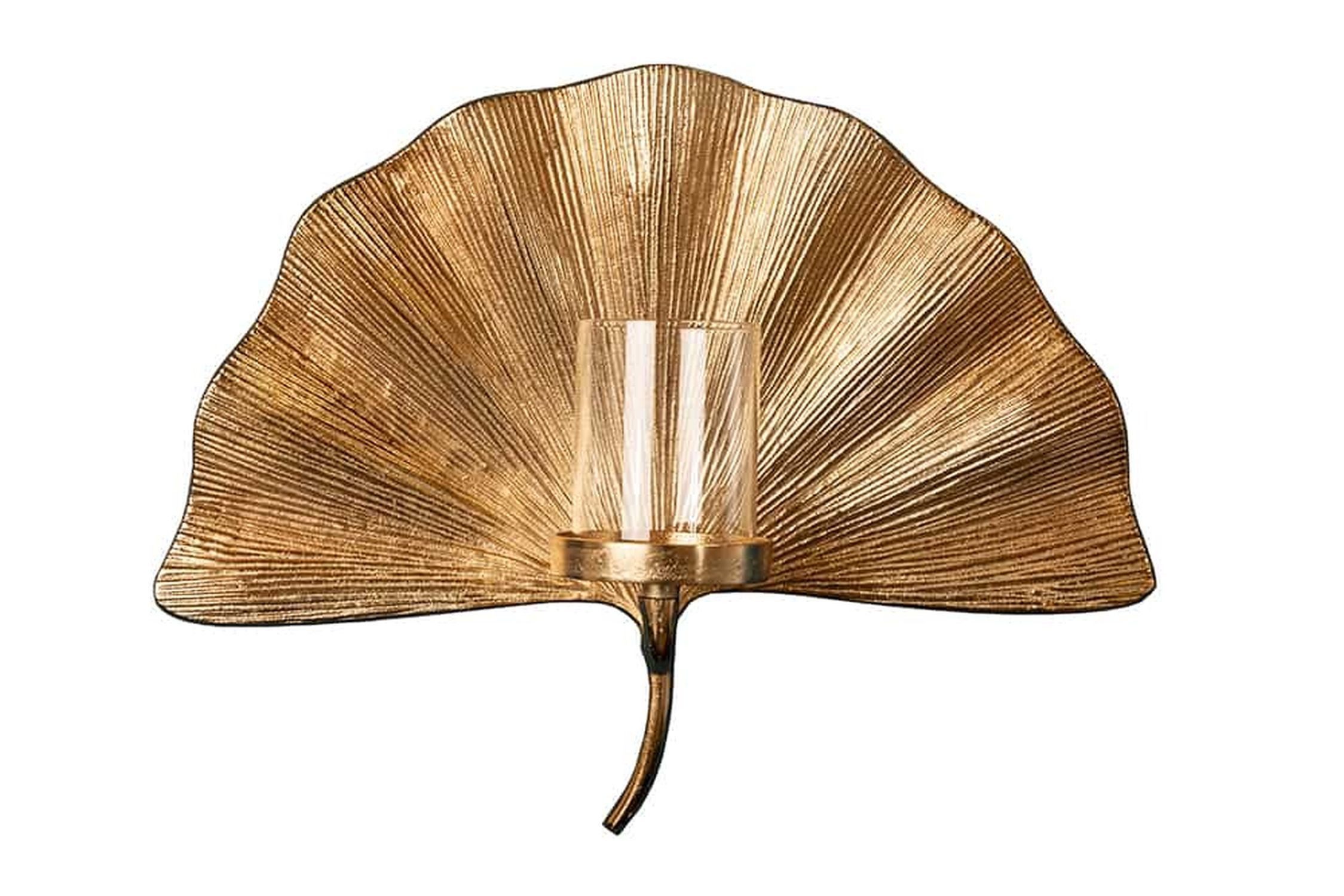 Licht-Erlebnisse Wandhalter CELIA, Wand Gold B: 43 cm Metall Glas Handarbeit Ginko Blatt Asiatisch