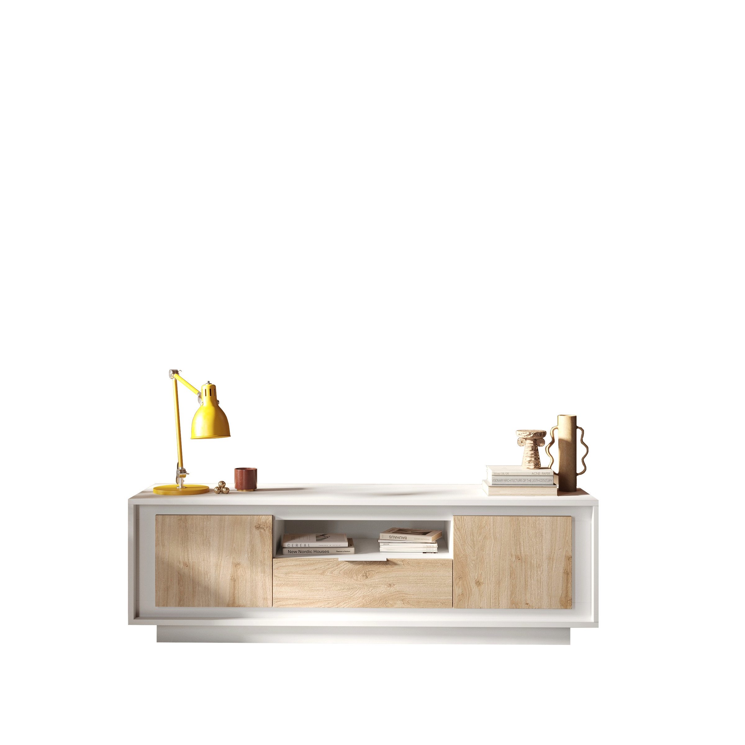 freiraum Lowboard Siena, 2 Türen, 1 Schub, Weiss Lack matt / Eiche Dekor - 180x58x50 (BxHxT)