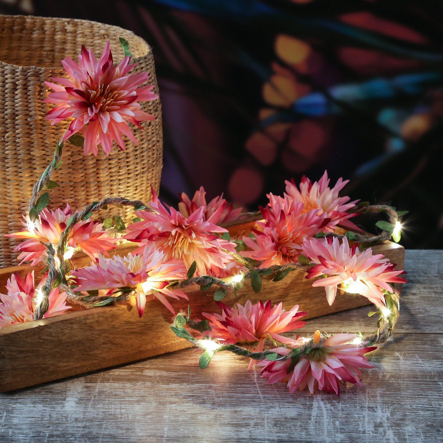 MARELIDA LED-Lichterkette Dahlien Blüten Blumengirlande Blumenlichter Timer L: 2,9m pink, 30-flammig