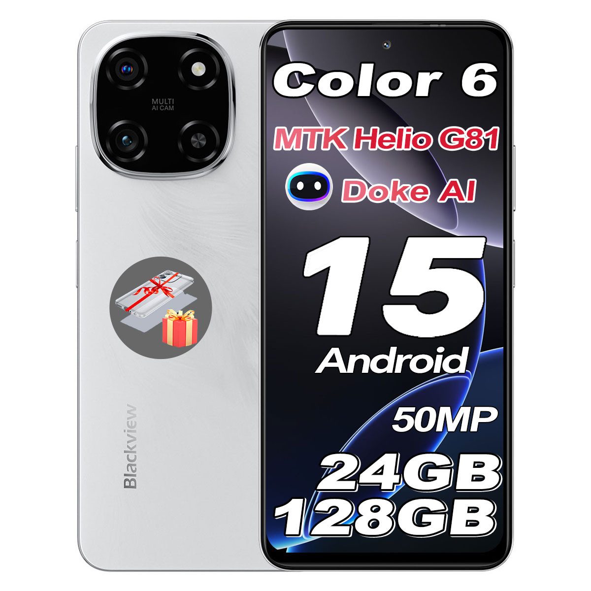blackview Color 6 6.67" Super PD 50MP, MTK G81, AI Ohne Vertrag Smartphone (6.67 Zoll, 128 GB Speicherplatz, 50 MP Kamera, Android 15, DokeOS 4.1, 18W,Dual SIM /Fingerabdruck/Face ID/GPS/OTG)