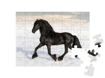 puzzleYOU Puzzle Schwarzes friesisches Pferd im Schnee, 48 Puzzleteile, puzzleYOU-Kollektionen Pferde, Friesenpferde