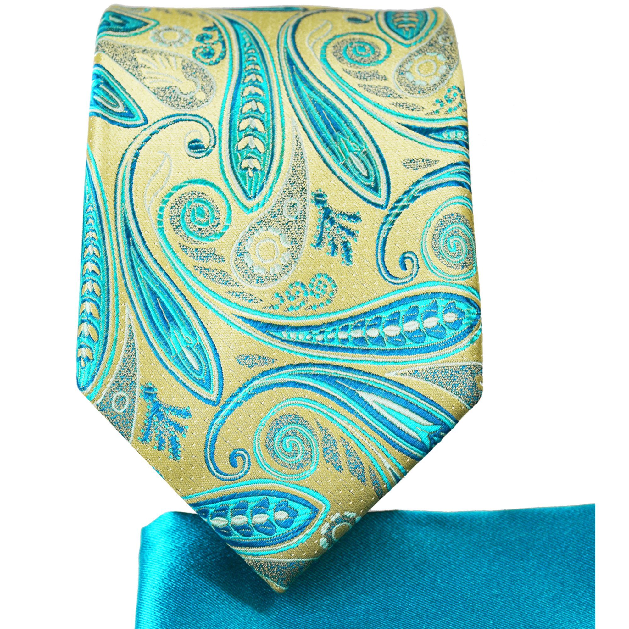 paisley türkis S14113-31 2-St., (Set, Paul gold 7-Fold mit gelb gold Seide 100% Seidenkrawatte Malone Einstecktuch) türkis Krawatte modern elegant Schlips