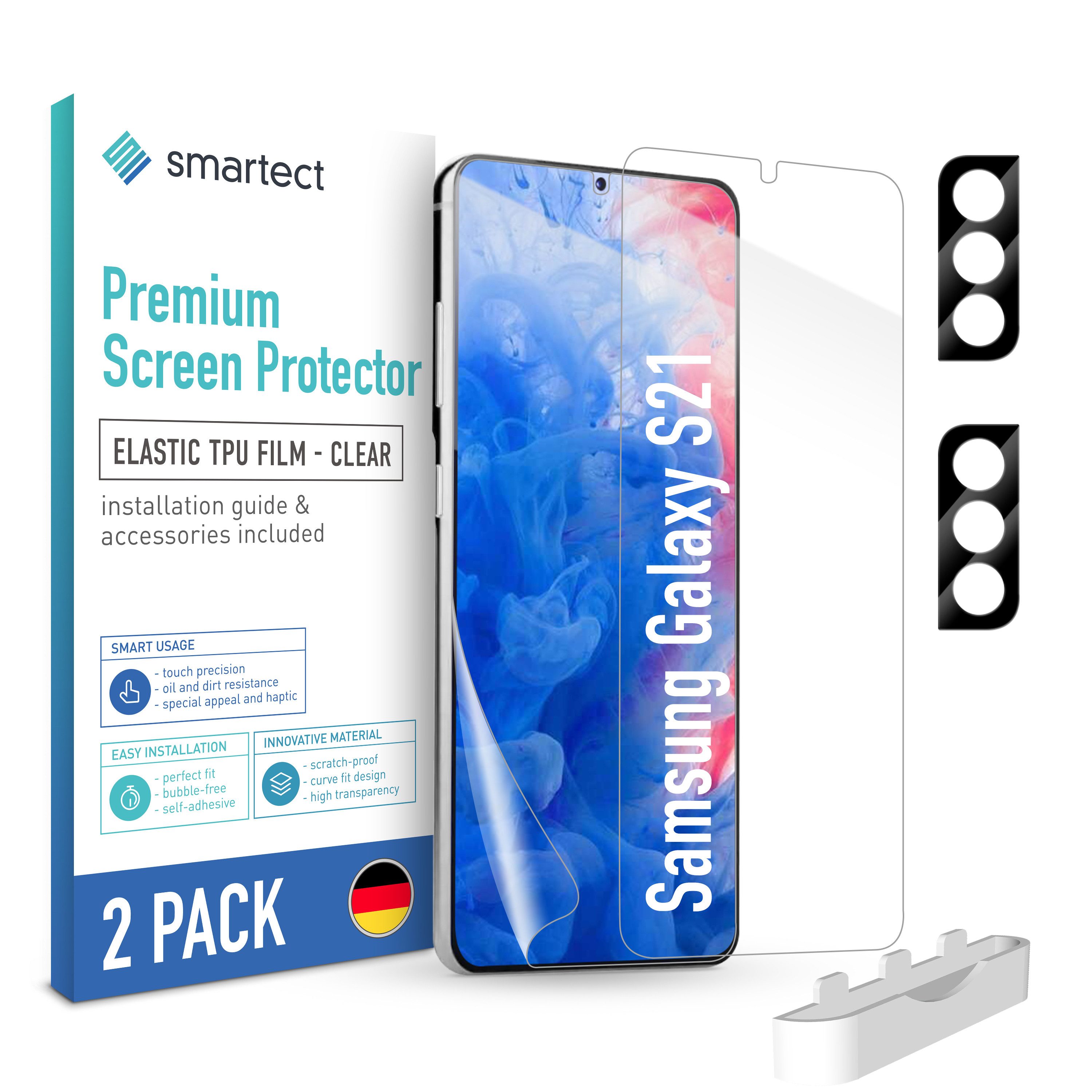 smartect Displayschutzfolie TPU Schutzfolie 2 + 2 Stück für Samsung Galaxy S21 (Display + Kamera) für Samsung Galaxy S21, Set, 2 Stück, Anti-Fingerabdruck