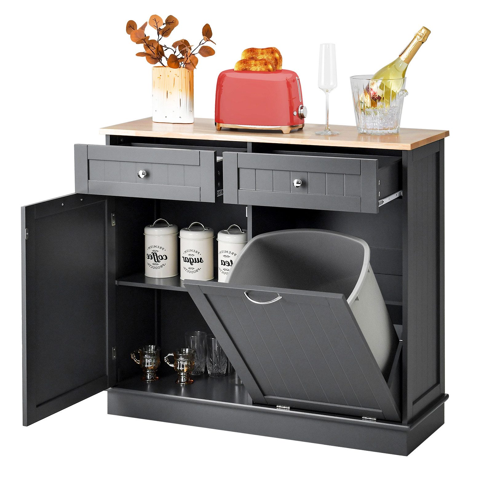 COSTWAY Kommode, für 40L Mülleimer, mit Arbeitplatte, Schublade 100x35,5x90cm