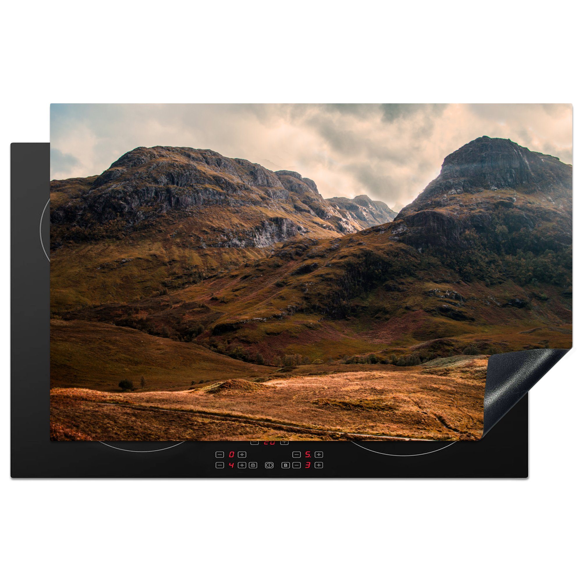MuchoWow Herdblende-/Abdeckplatte Blick auf die felsige Landschaft in den schottischen Highlands, Vinyl, (1 tlg), 81x52 cm, Induktionskochfeld Schutz für die küche, Ceranfeldabdeckung