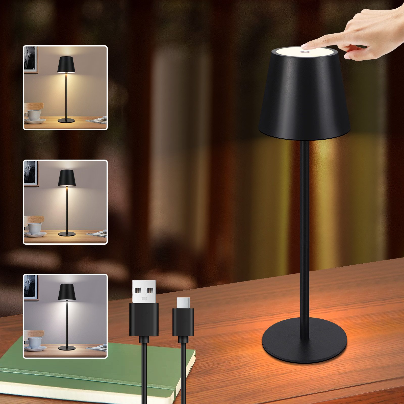 ZMH Tischleuchte LED 2er-Set Kabellos Touch Dimmbar USB-C Nachttisch Büro Schlafzimmer, LED fest integriert, 3000-6500K, 2W,Warmweiß-Neutralweiß-Kaltweiß,Akku 2 – Bild 2 von 5
