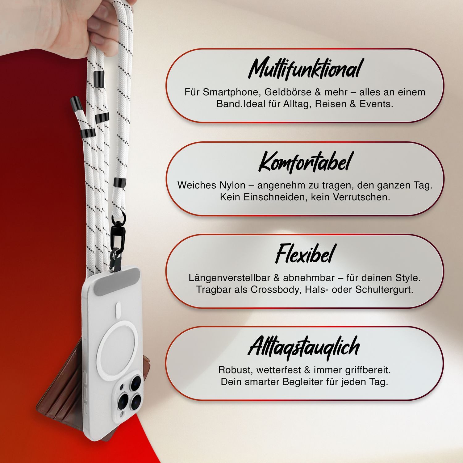 Nalia Handykette Universal Smartphone, Nylon Handyband / Karabiner Matt Schwarz & 2 Pads / 35-75cm Tragelänge