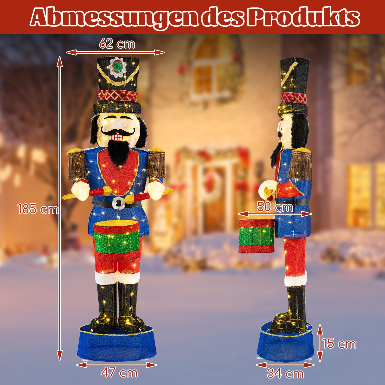 COSTWAY Weihnachtsfigur, 185cm hoher Nussknacker, mit 100 LED-Lichtern