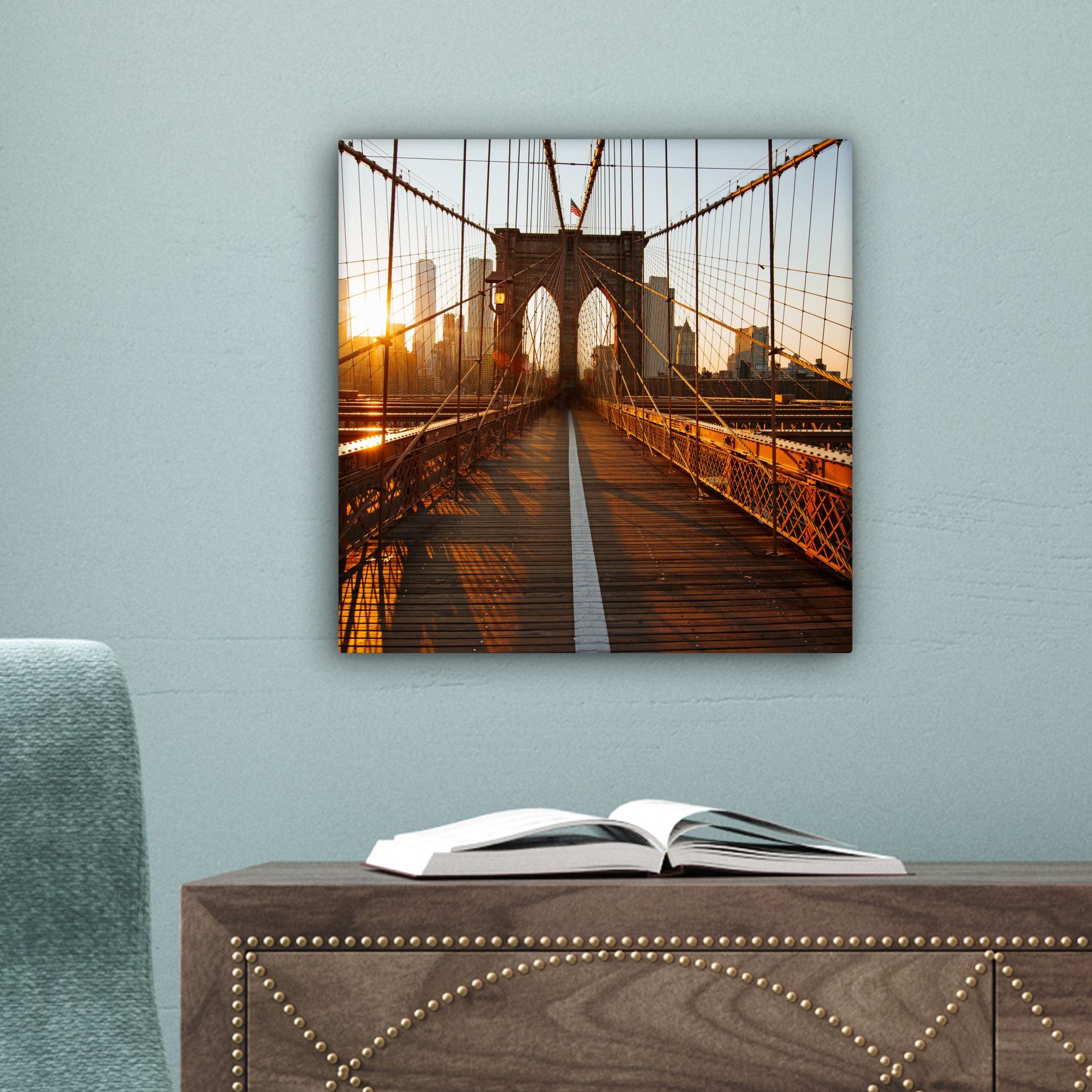 OneMillionCanvasses® Leinwandbild Brooklyn Bridge in New York bei Sonnenuntergang, Fotodruck (1 St), Leinwand Bilder Klein, Wand Dekoration Aesthetic 30x20 cm – Bild 3 von 5