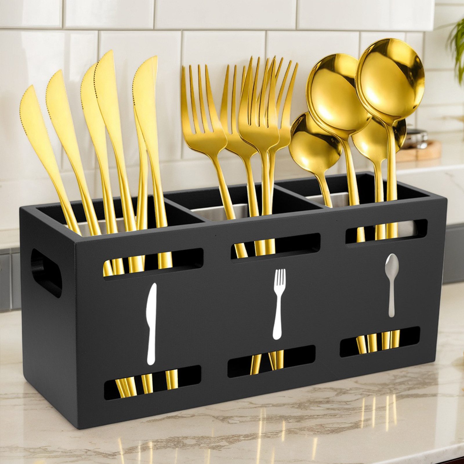 BlingBin Besteckhalter Küchenutensilienhalter,3 Fächer Schwarze Holz Besteckkorb, (1er Set, 25,5 × 8,5 × 11,5cm,Utensilienhalter,Besteck Organizer), Aufbewahrung für Kochlöffel & Küchenhelfer