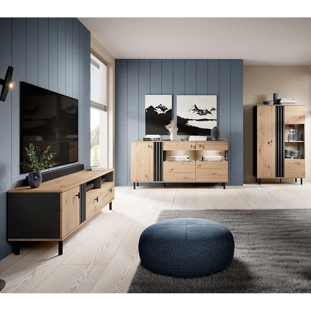 Lomadox Wohnzimmer-Set MATTAWA-167, (Mega-Spar-Set, 3-St., Highboard Lowboard Sideboard), Wohnwand, Eiche Dekor mit Couchtisch und Beleuchtung