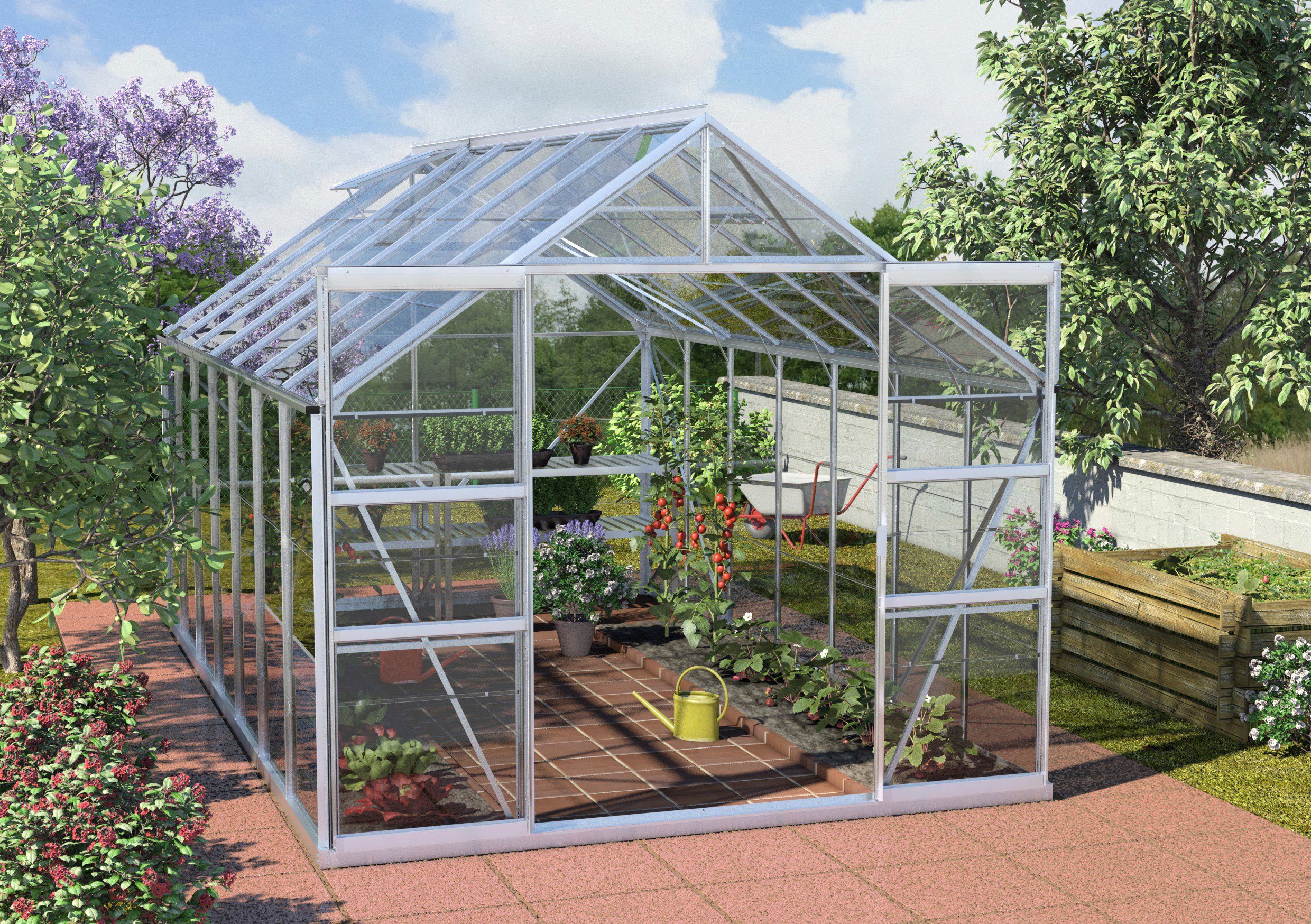 KONIFERA Gewächshaus Calisto 11500, BxTxH: 257 x 445 x 232 cm, 3 mm Wandstärke, Sicherheitsglas silberfarben | Rabatt: 15%