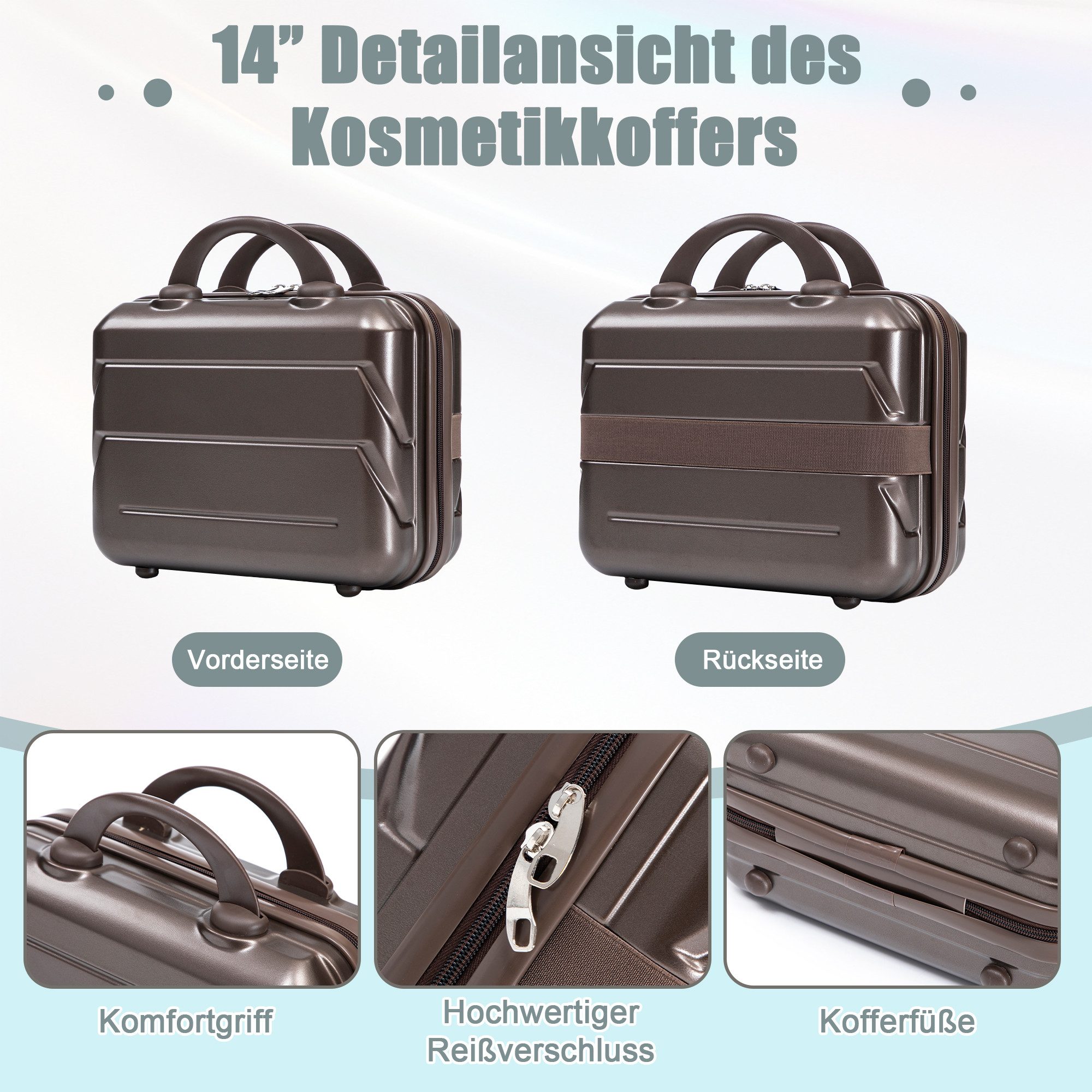 ibettertec Kofferset 2-teiliges ABS-Spinner-Kofferset 14"/19" mit Zahlenschloss, (14" Kosmetiktasche, Braun)