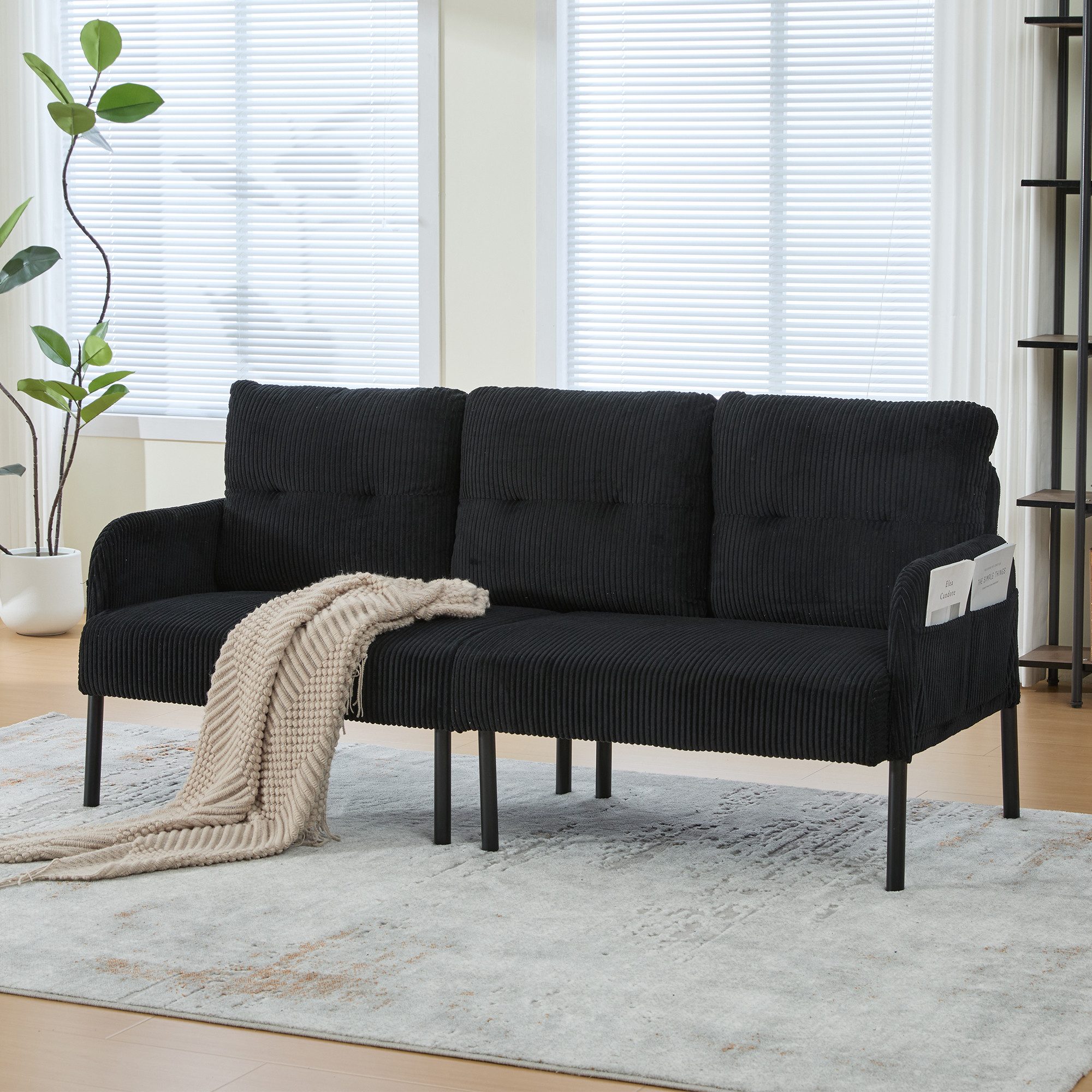 STILVORA Loungesofa Dreisitzer Cordsofa mit hoher Rückenlehne und Seitentaschen Schwarz, Relaxsofa mit Stabile Metallfüße und robuste Konstruktion, Tiefe und breite Sitzfläche