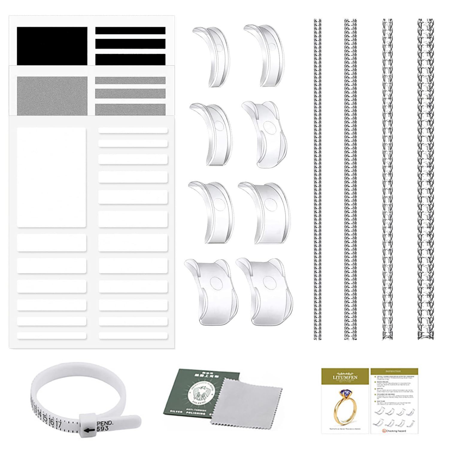 Coonoor Ringmaß 17 Stück Ringgrößenversteller Set (4 Transparente Spiralfaden für Ringgrößenbestimmung, 17-tlg., 8 Größen Transparente Ringeinsteller), mit Ringgrößenanpassung Abstandshalter,Poliertuch und Messwerkzeug