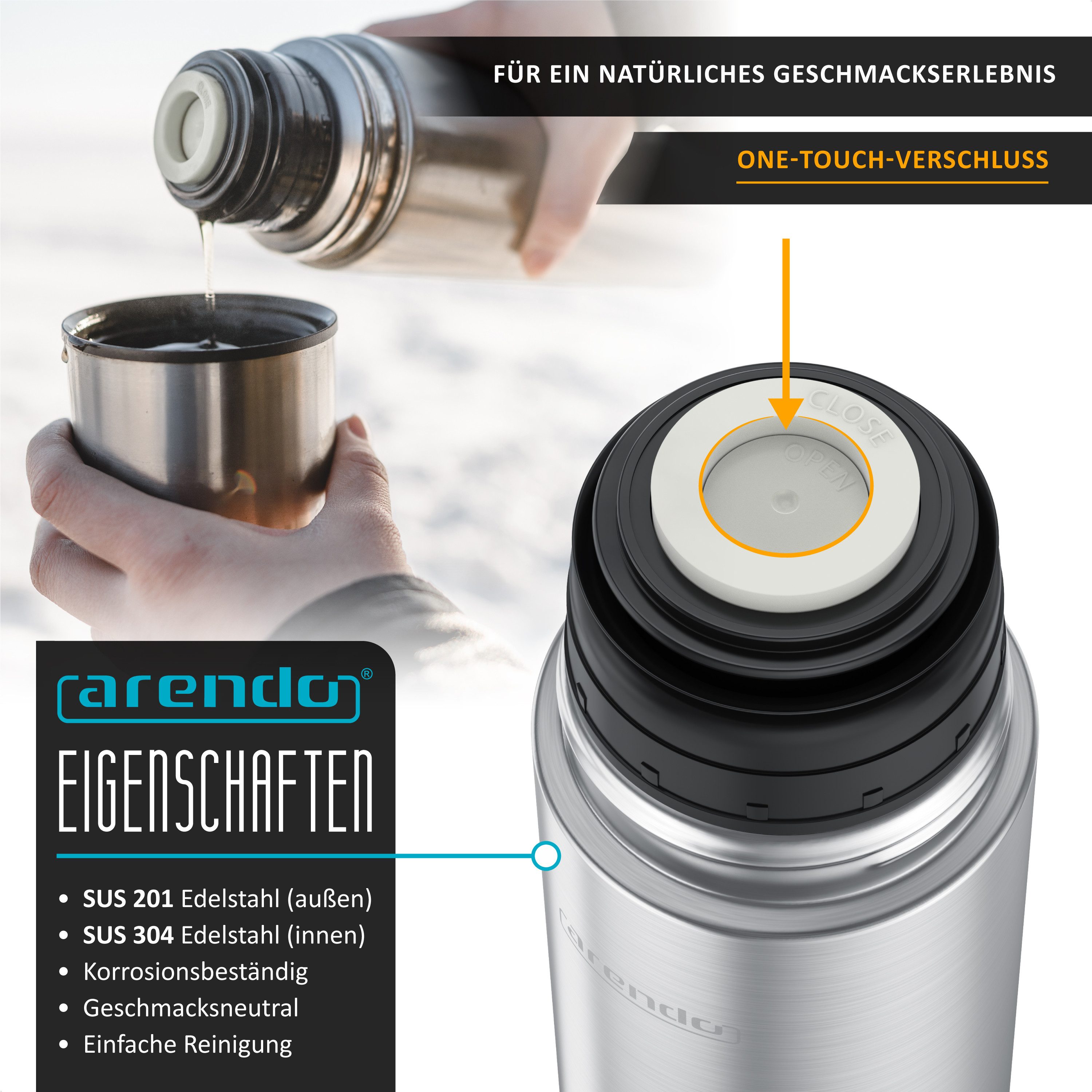 Arendo Thermoflasche Isolierflasche 0,5L Edelstahl Trinkflasche auslaufsicher für Unterwegs, hält Stundelang kalt & warm, BPA-frei, geschmacksneutral, 500 ml
